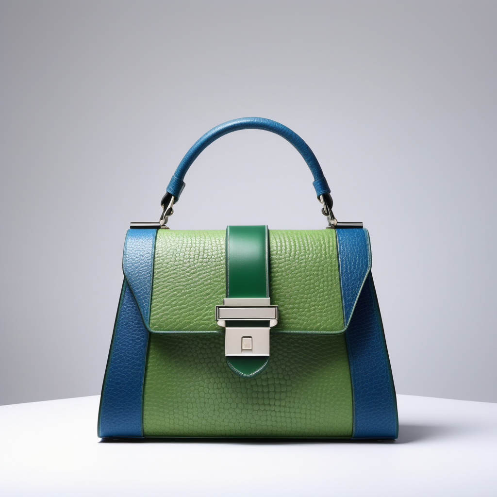 contemporary innovative style inspired luxury textured leather bag - one handle - metal buckle - color contrast  borders - frontal view -green and blue shades