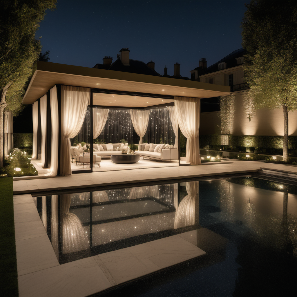 hyperrealistic modern Parisian Cabana with sheer curtains at night; mood lighting;  Limestone pavers;  overlooking the sparklin pool; beige, oak, brass and black colour palette; sprawling lawns --no neighbour houses

