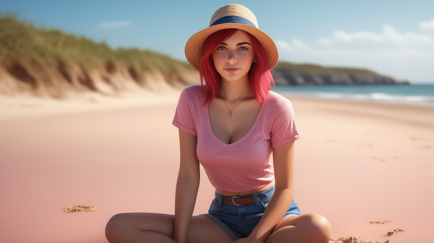 AThe image features a beautiful young woman sitting on a sandy beach, wearing a hat and a red shirt. She is posing for the camera, and her outfit includes a pair of blue shorts. The beach setting and her attire create a relaxed and summery atmosphere. This photography is the best representation of female beauty, shiny pink hair, hazel eyes, big tits. Extremely realistic textures and warm colors give the final touch. Sharp focus and realistic shadows add to the scene