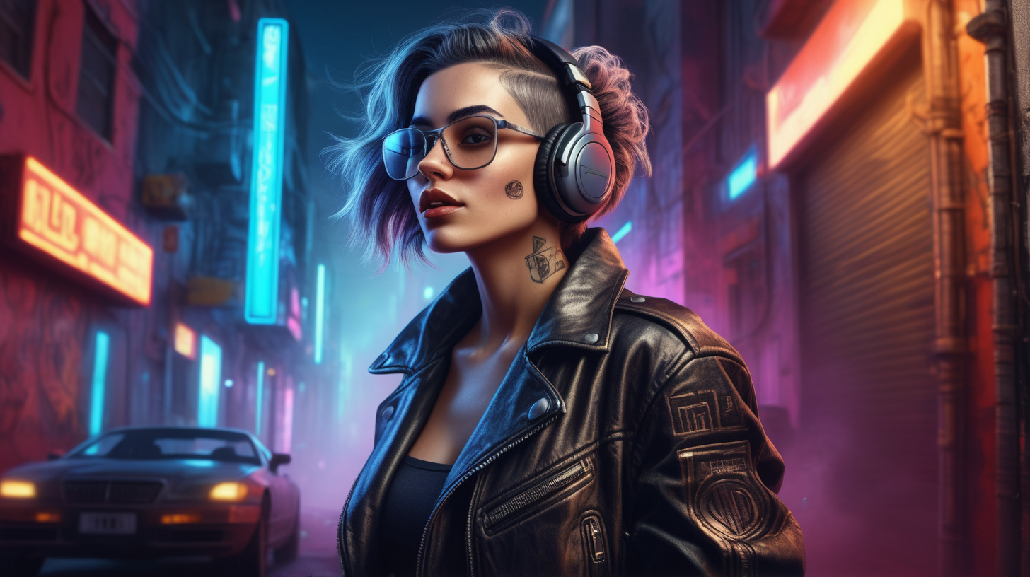 ilm stock full body portrait very detailed woman smoking a cigarette wearing a leather jacket headphones on her head glasses leaning against a wall in a cyberpunk city very detailed flying car passing in colored background at night. perfect woman forms, gorgeous face, detailed natural skin, natural texture, diffused soft lighting