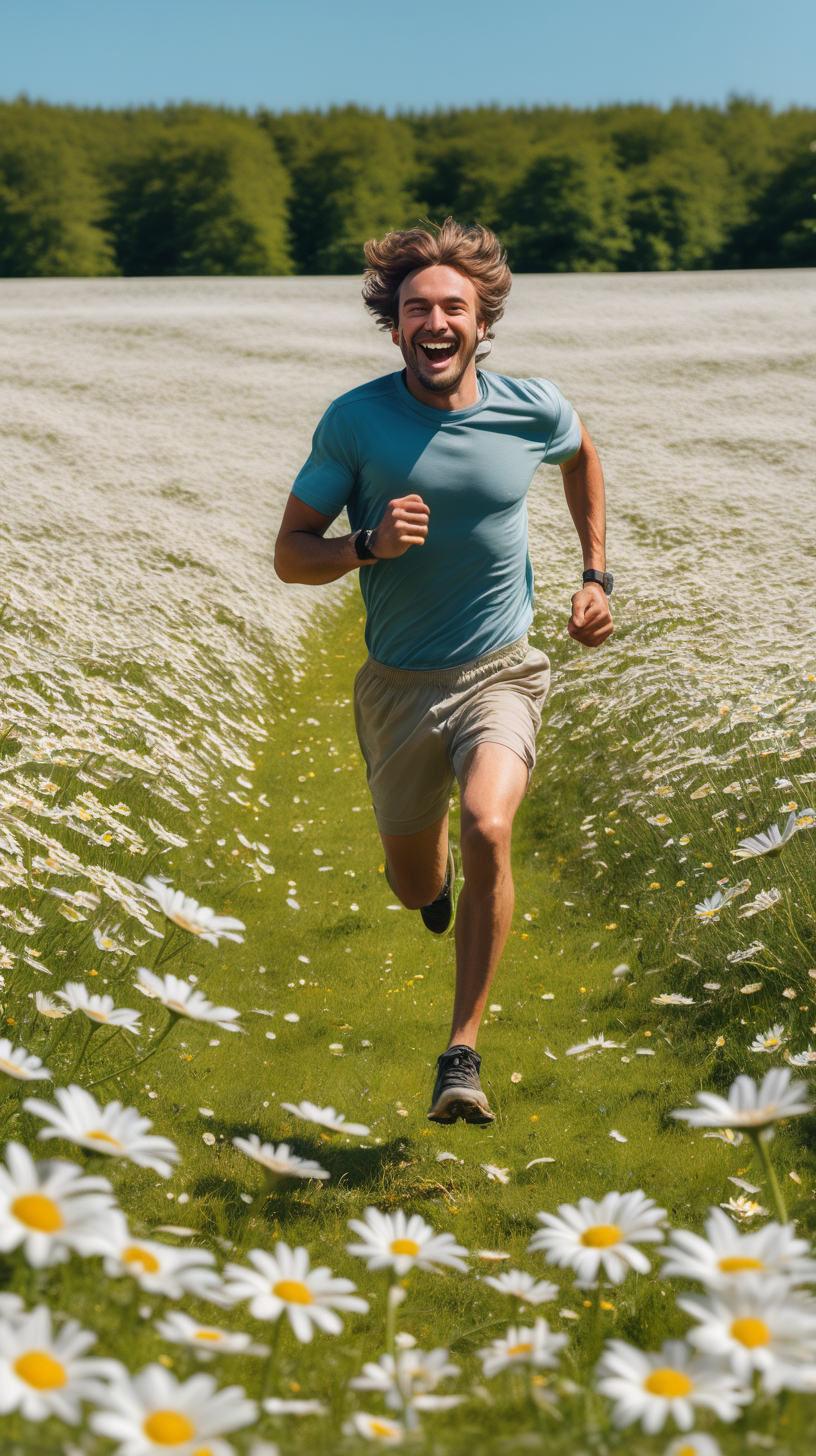 Man running in a field of daisys looking happy
