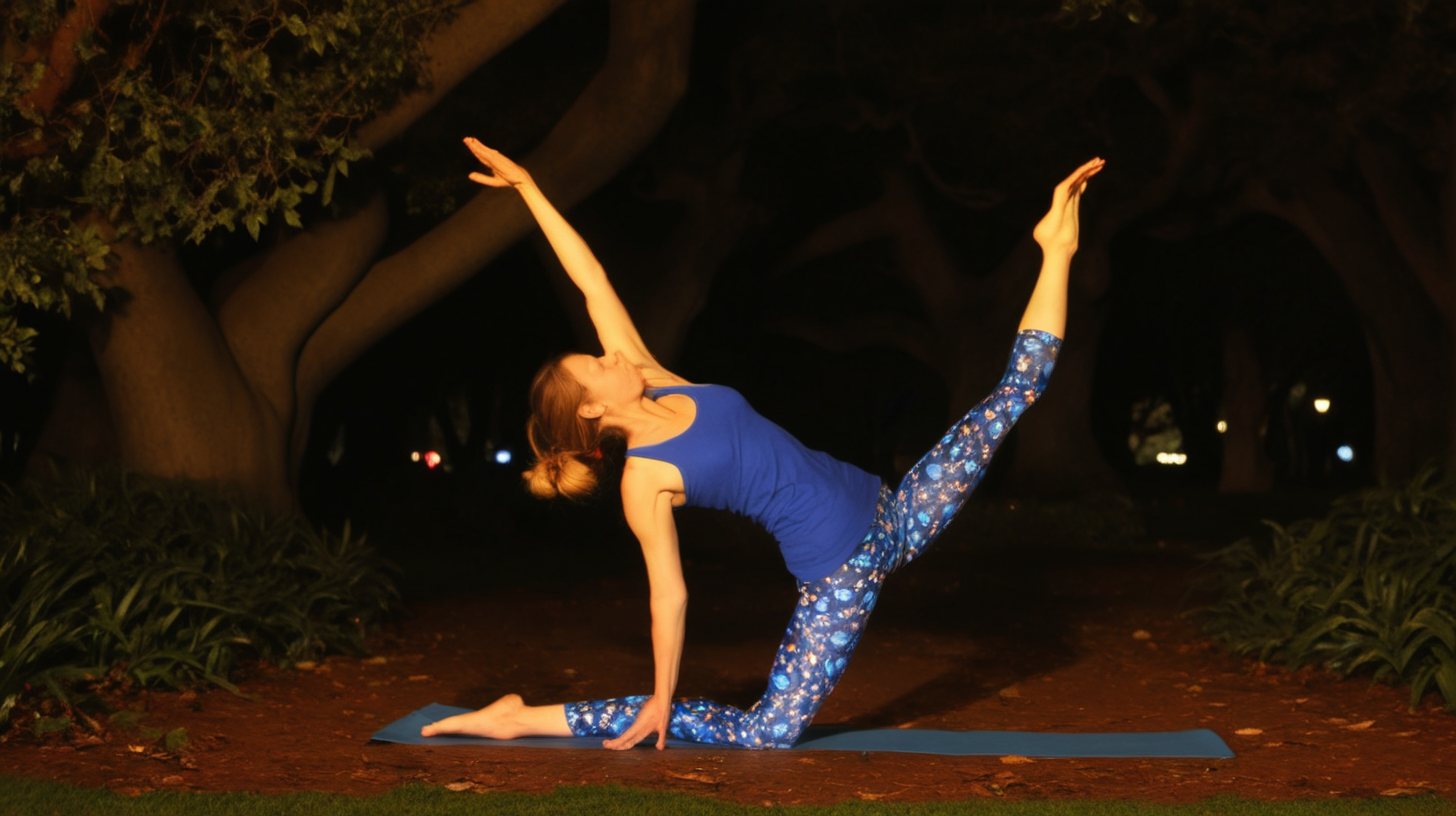 Frau die nachts Yoga im Golden Gate Park