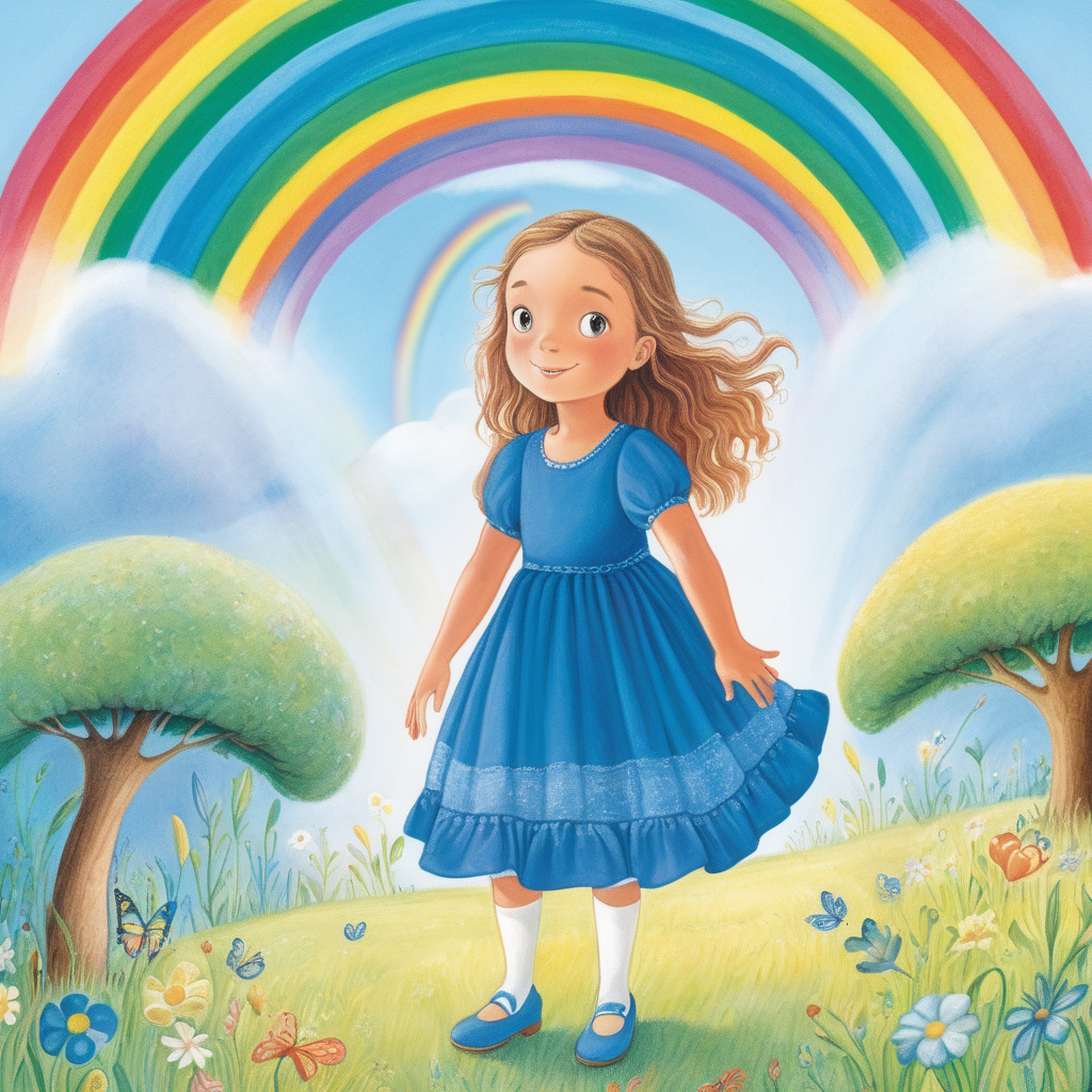 Bild für ein Kinderbuch Greta  mit blauem Kleid in der Regenbogenwelt