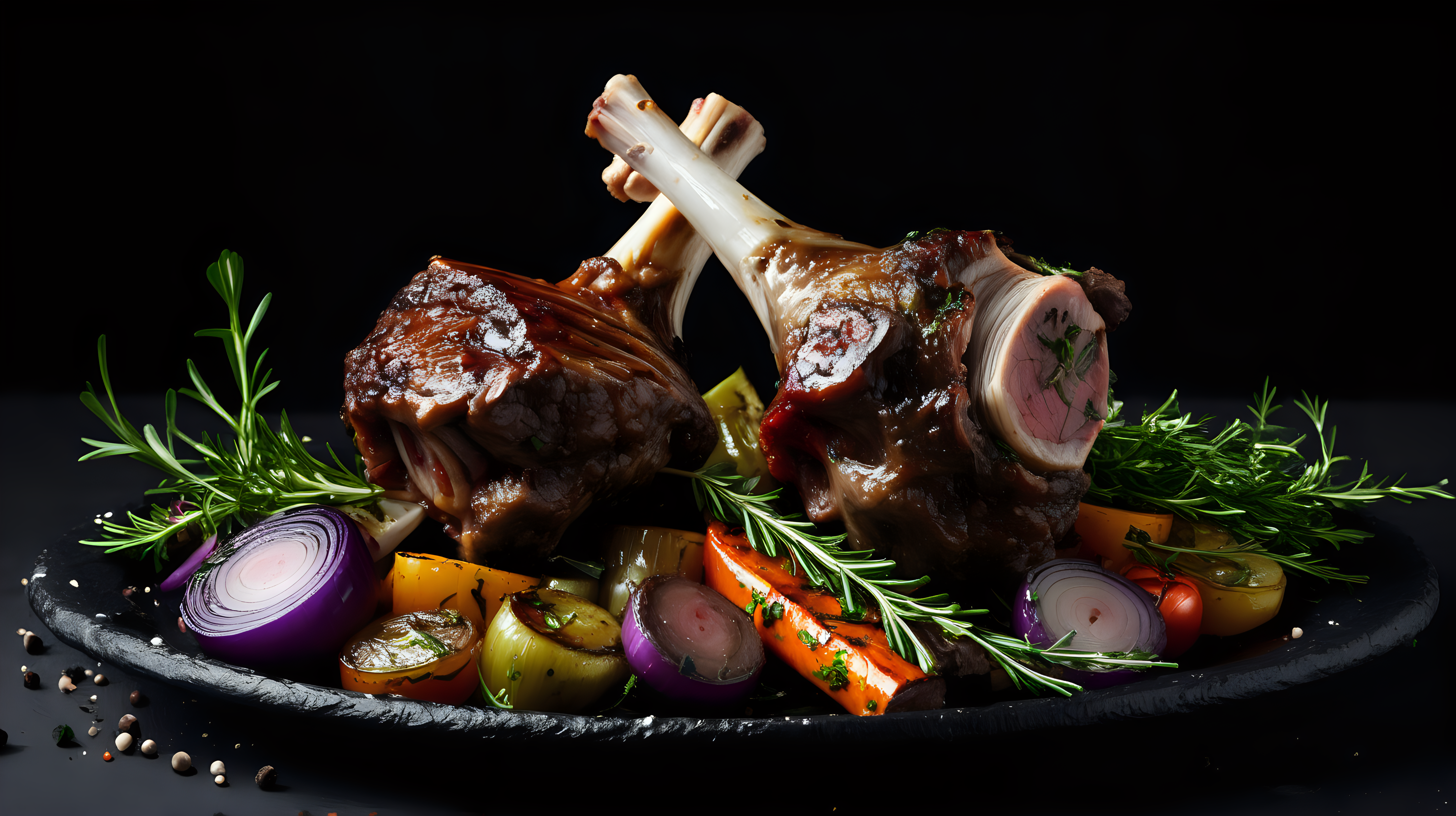 Grill lamb shank with herbs and vegetables black
