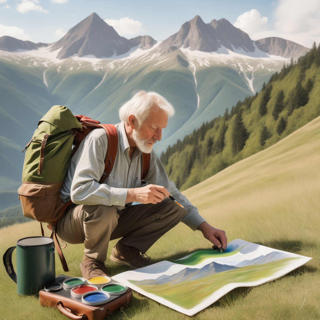 a Caucasian man, in his early 70s, doing an oil painting of a mountainous landscape, with a bagpack and a traveler mug on the grass beside the man