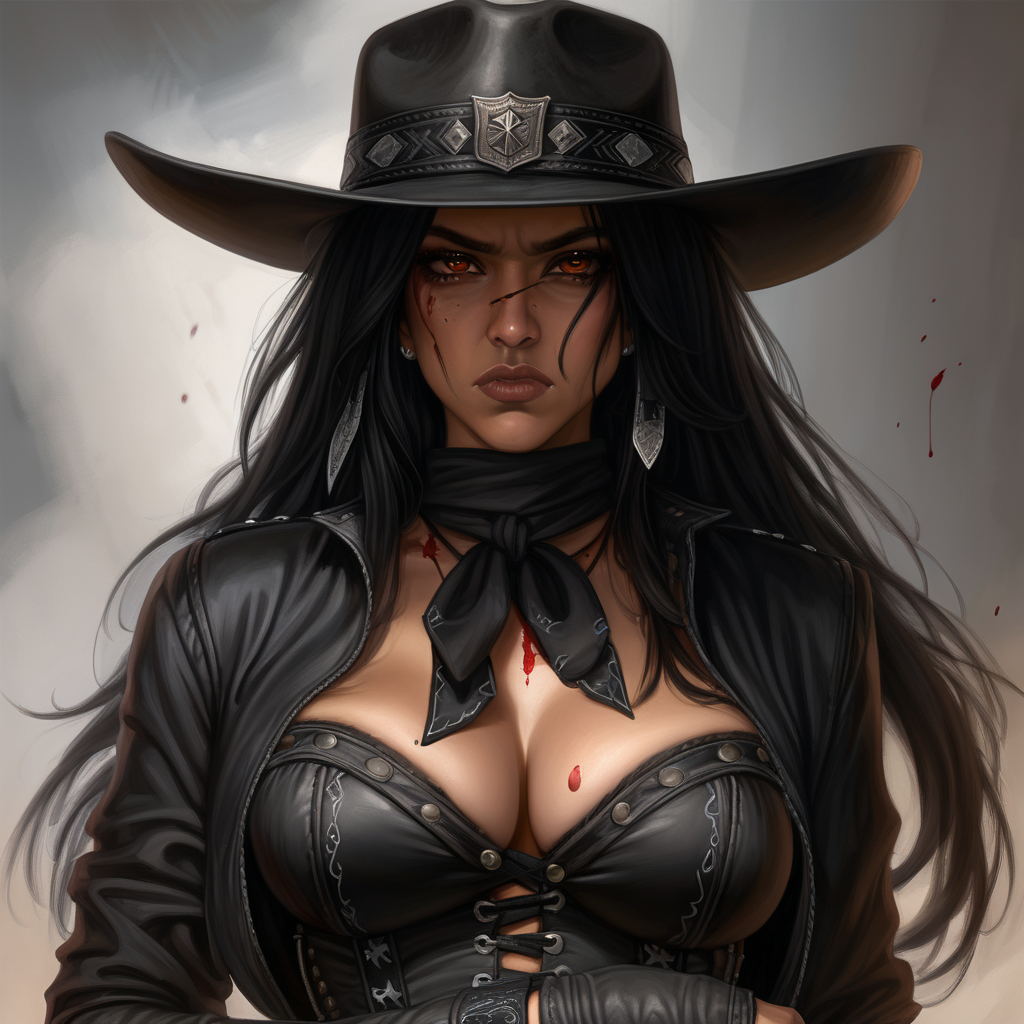 black cowboy hat, black hair, long hair, brown eyes, Latina, female, western, black corset, black bandolier, mature, black bandana around neck, semi realism, Evil, angry, long sleeve, blood on face, hold revolver