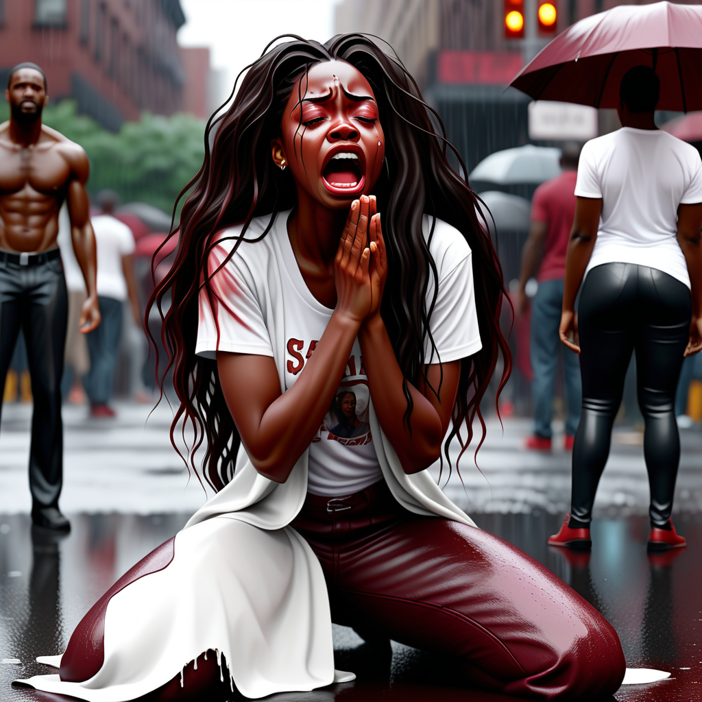 Digital Art. African American woman in the middle of the streets of Harlem crying .She has long black wavy hair with burgundy highlights, wearing white Tshirt saying “SAVE ME” in red, and black ripped leather pants. The background in the rain looking at black Jesus kneeling to help her up but the street people kneel in sovereign and begin to pray.