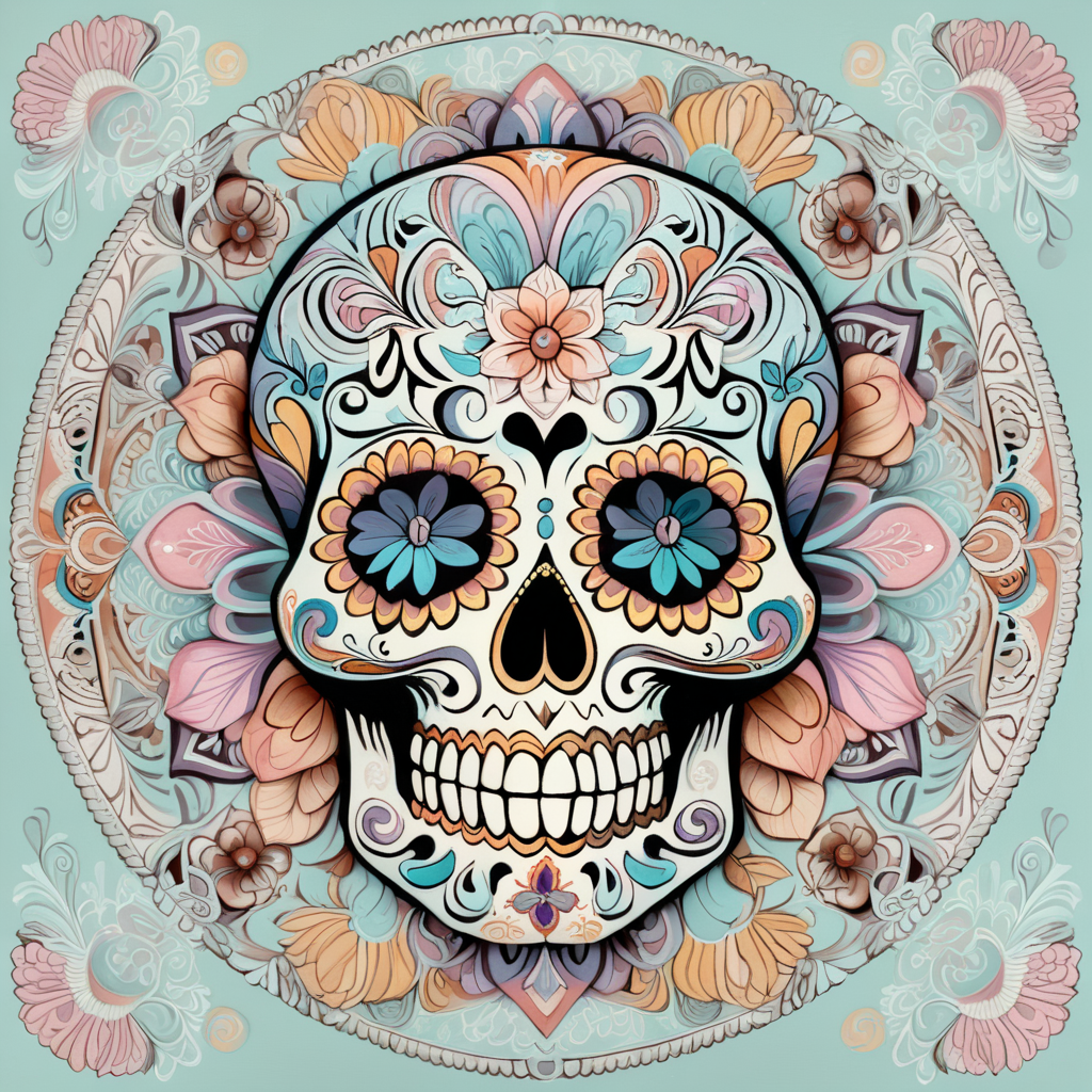 pastel colors, high details, symmetrical mandala, strong lines, day of the dead, candy skull