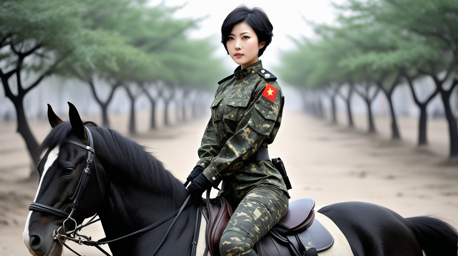 Chinese female soldiersShort hairBlack hairCamouflage leggingsHorseback charge