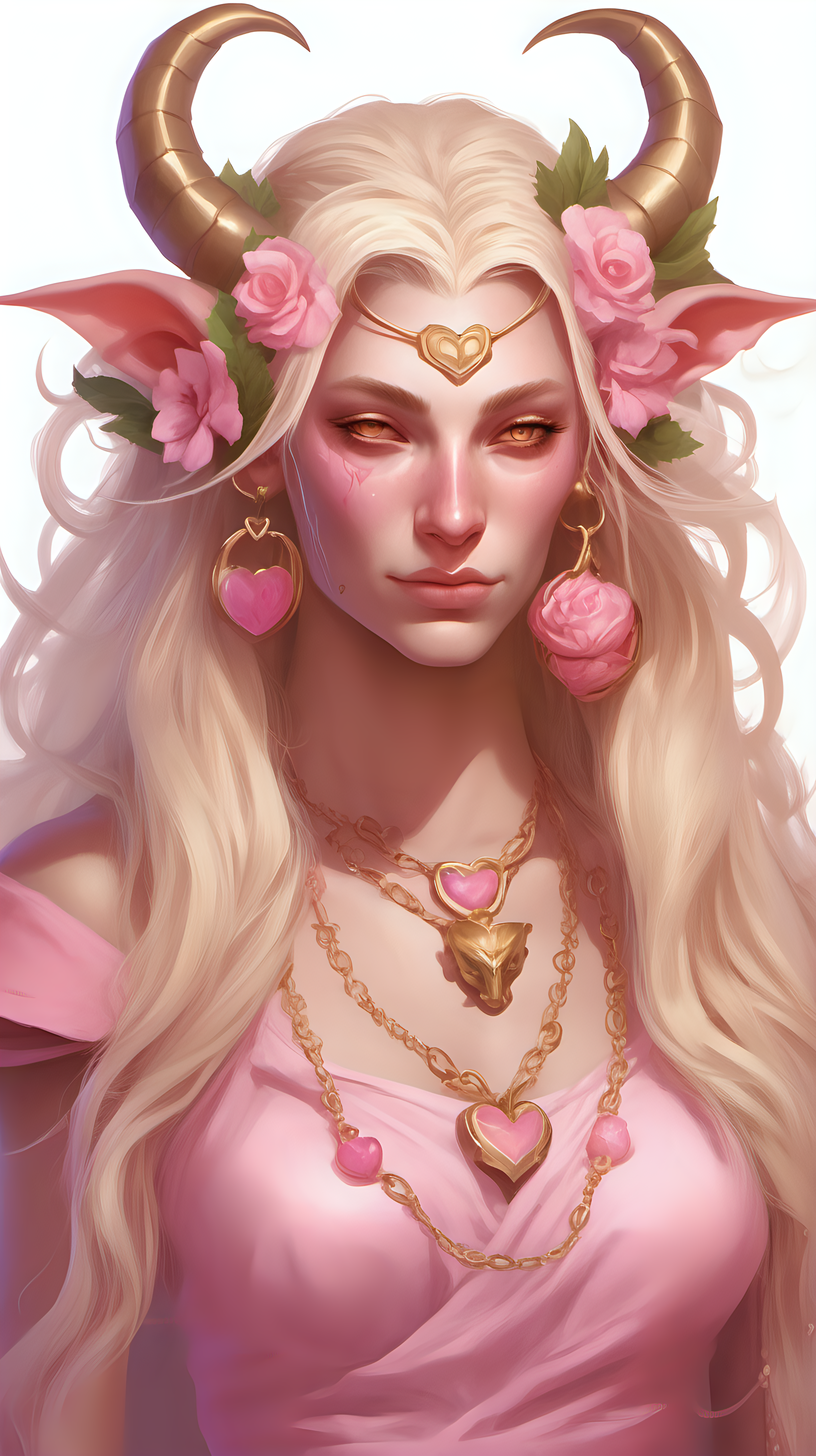 Pink skinned tiefling woman She has white horns