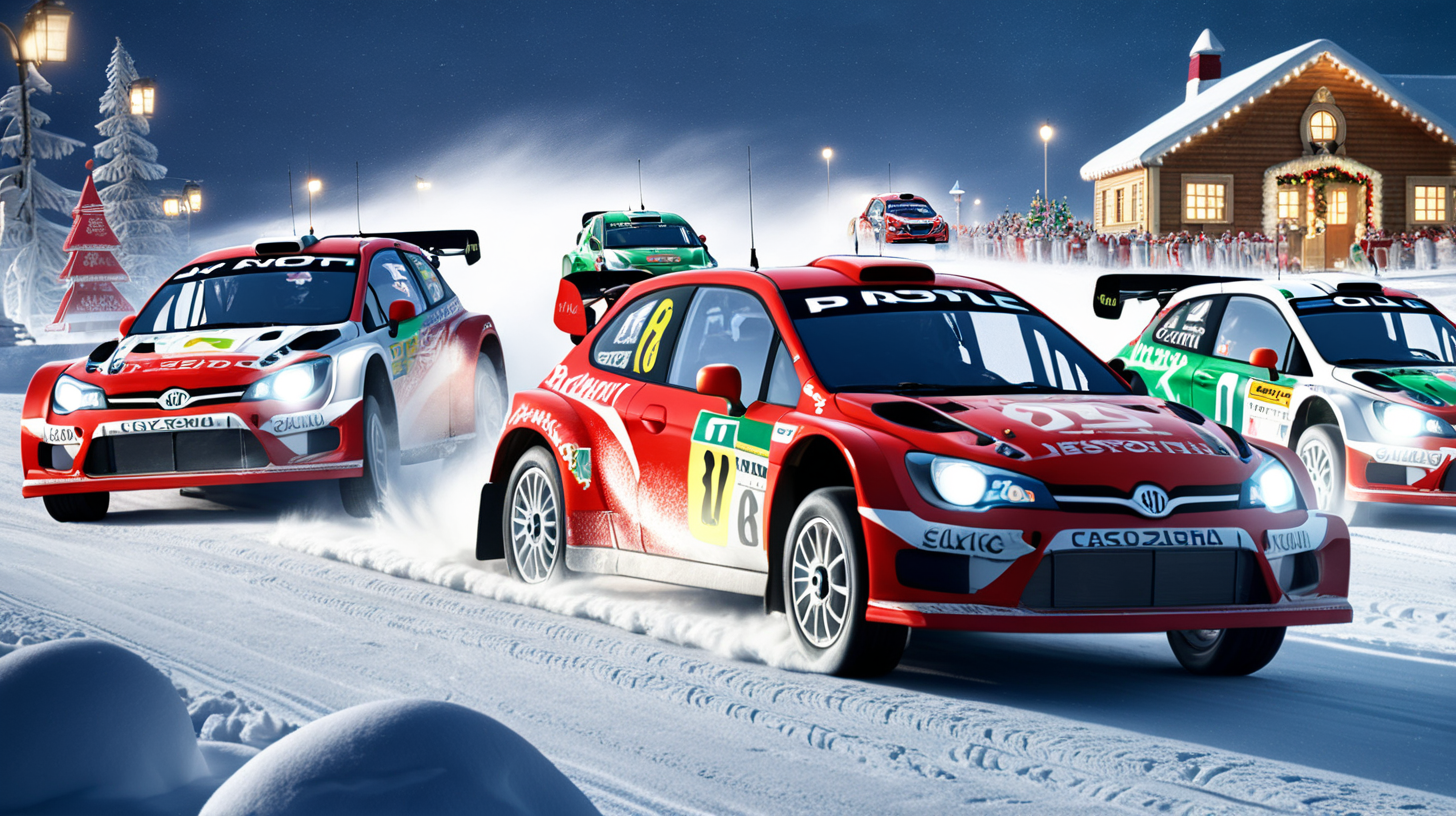 rally cars racing in the North Pole, with christmas lights