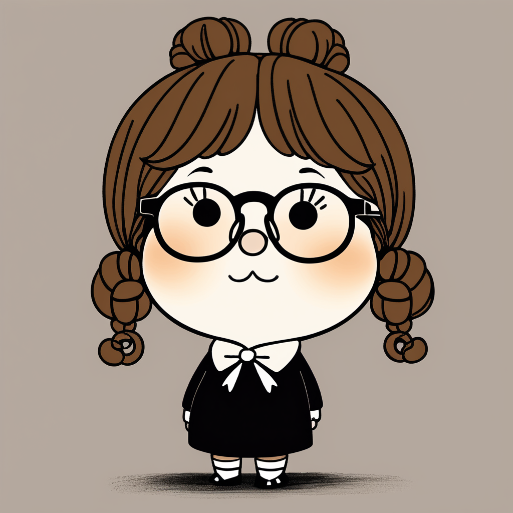 Imagine Little My from Moomins bit chubby with a mischievous grin on her face. She wears big square golden glasses. Her hair is brown, curly  and tied up to a bun with a super short pony. The glasses give her an intellectual yet whimsical air, enhancing her unique charm while maintaining her spirited personality from the Moomin stories. She always wears black clothing inspired by wednesday adams