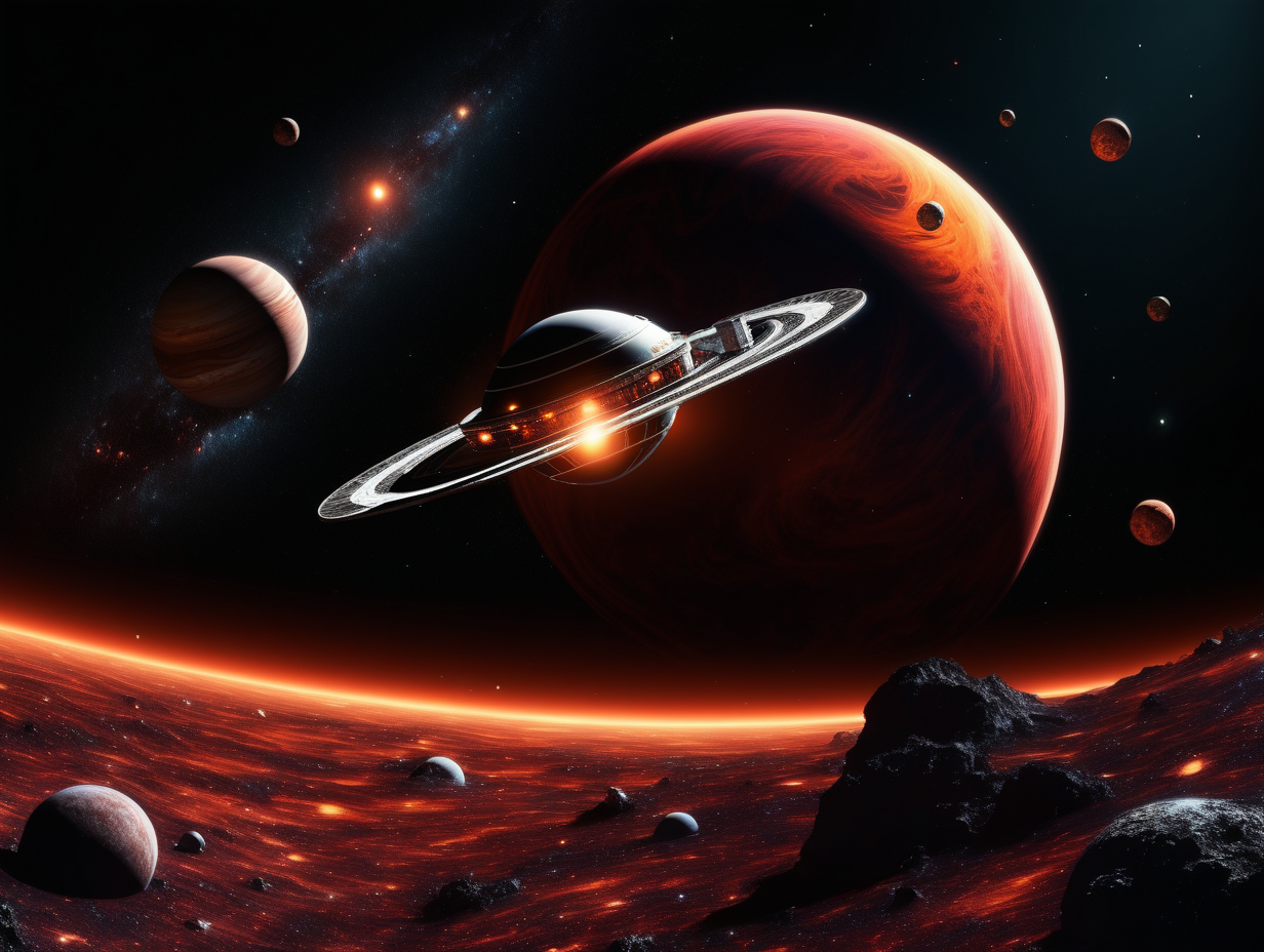 Astronautship discovering a new planet , black background. With reddish glowing  light galaxies 