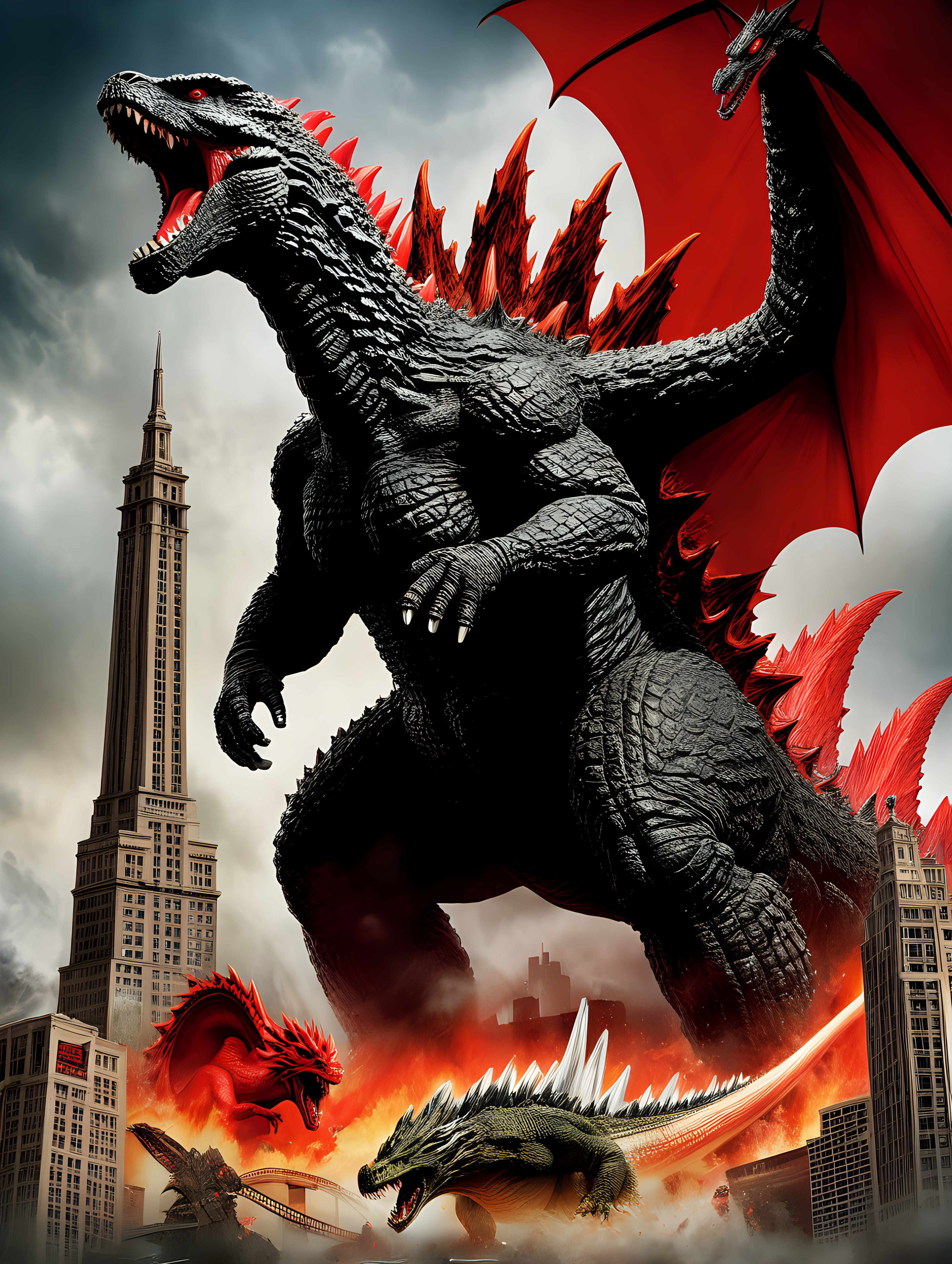Movie poster of Godzilla a red dragon destroying