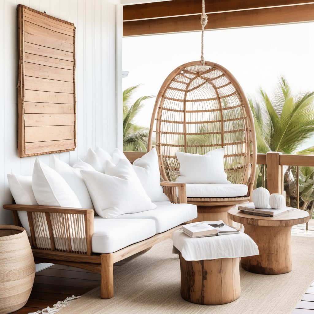 Timber casual chair with white cushions at boho beach house
