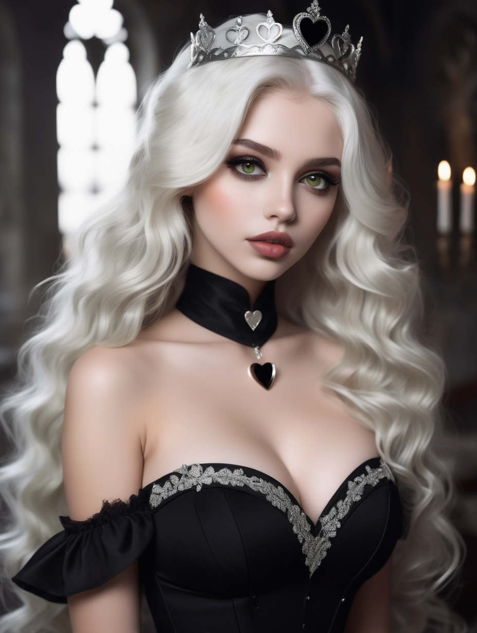 a very beautiful princess
wavy white hair
heart shaped face
perfect lips
light olive colored eyes
in a black castle
wearing a sexy black dress
