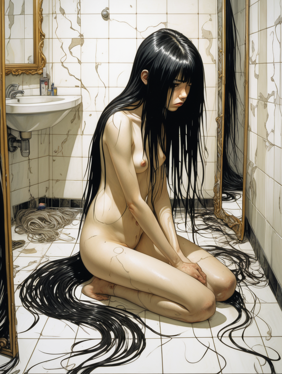 A girl with long black hair cuts her