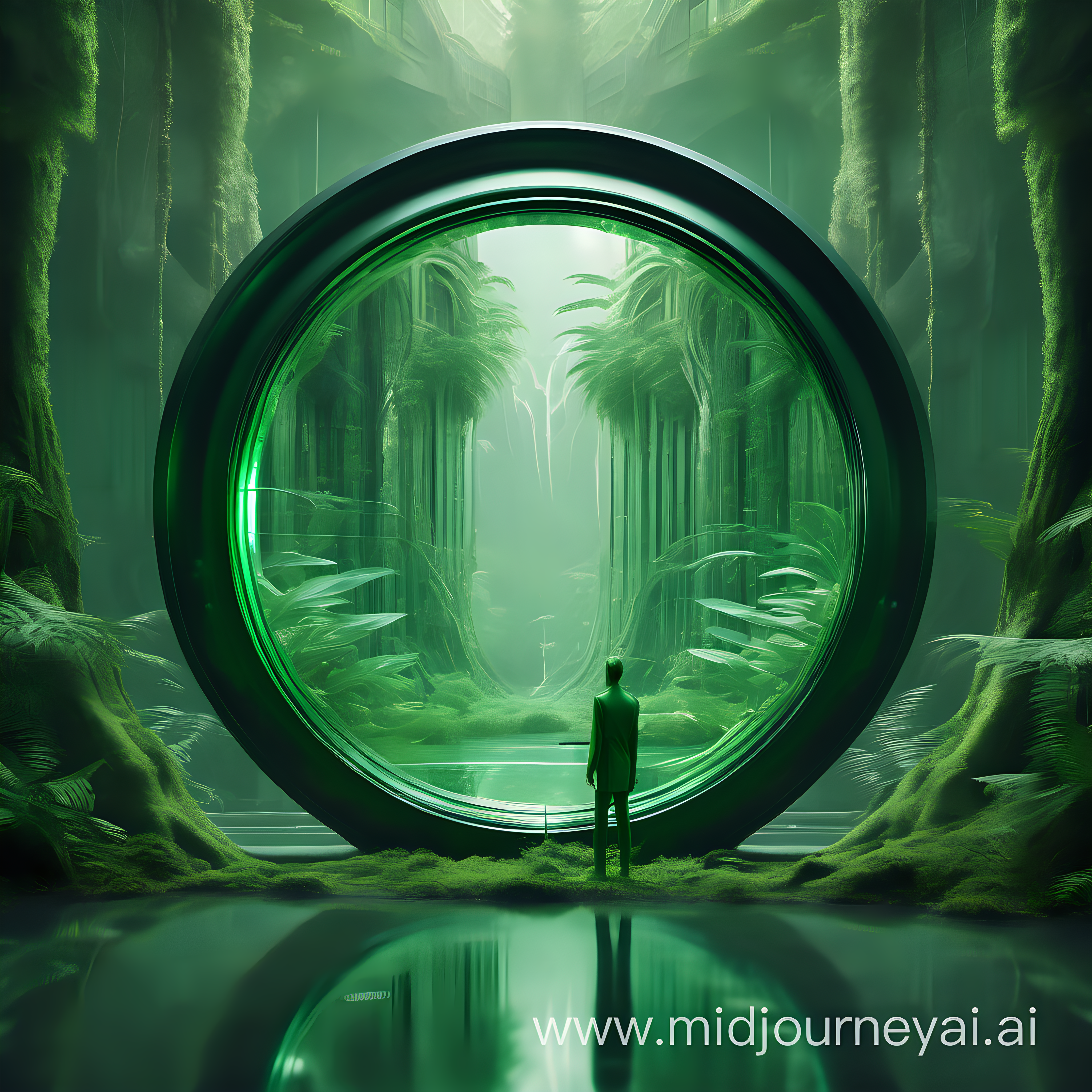 an exotic entity looking into a giant dimensional mirror which subtly shows a reflection which is similar yet dark, eerie and different, environment is a huge green futuristic jungle 