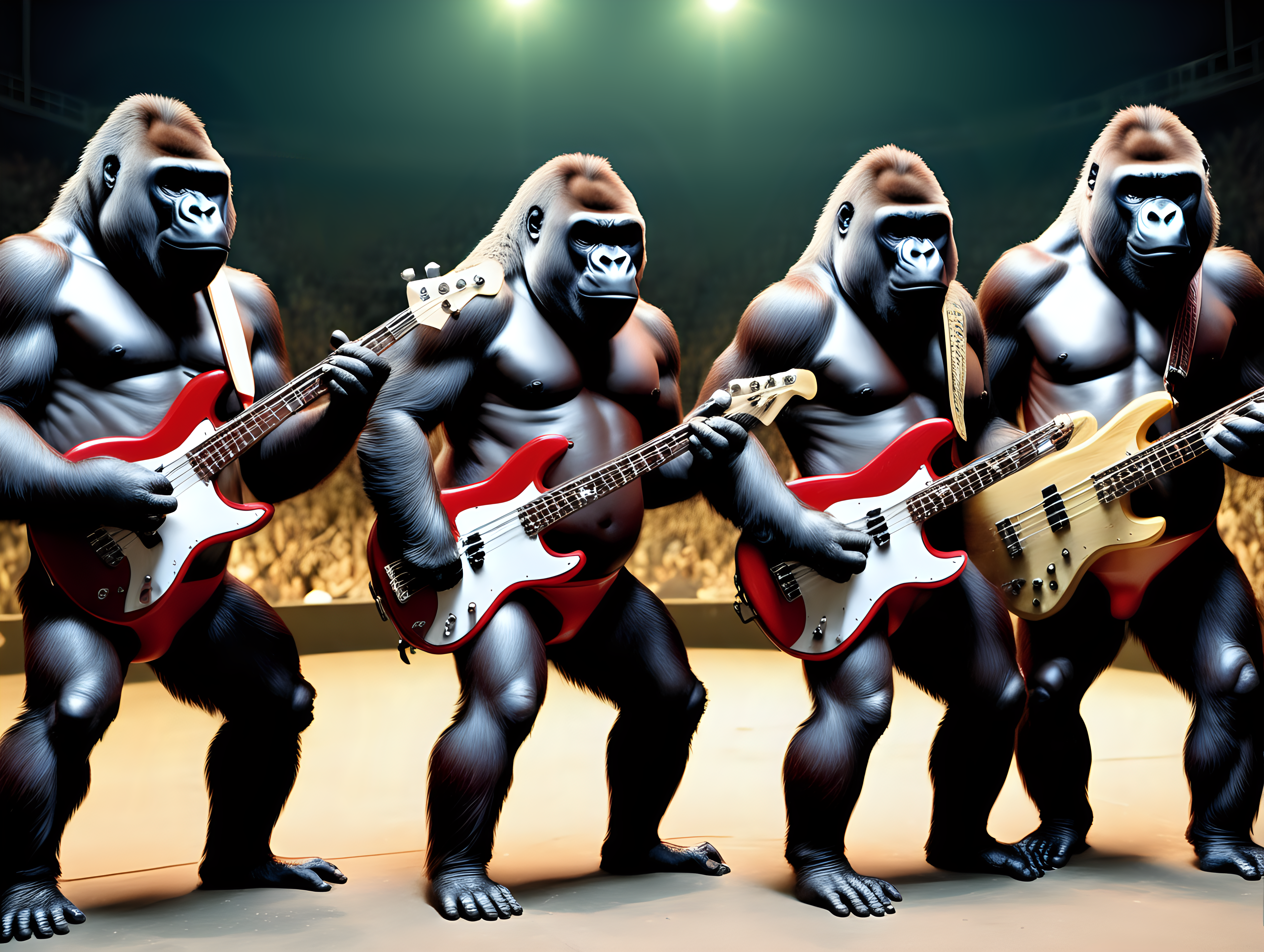 5 gorillas in bathing suits playing bass guitars in an arena at night