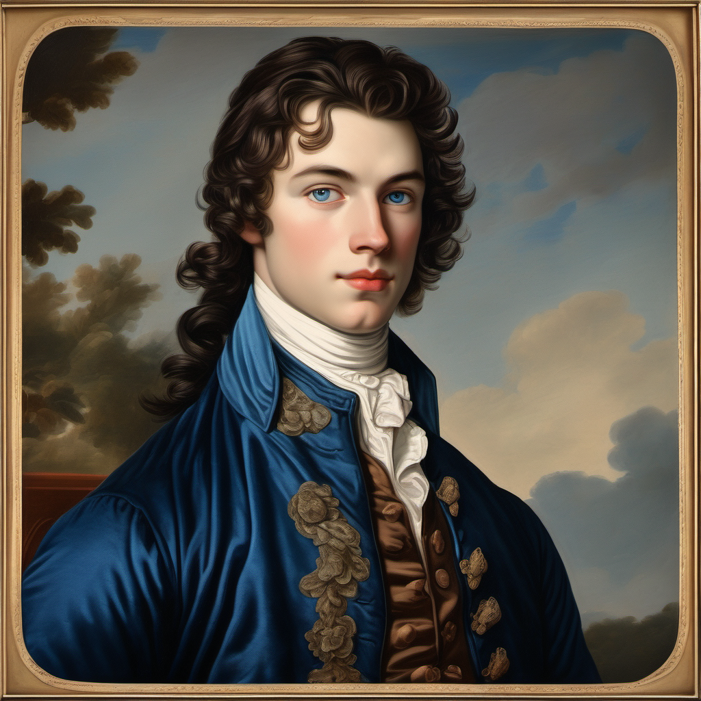 18th century handsome young man straight deep brown hair deep blue eyes