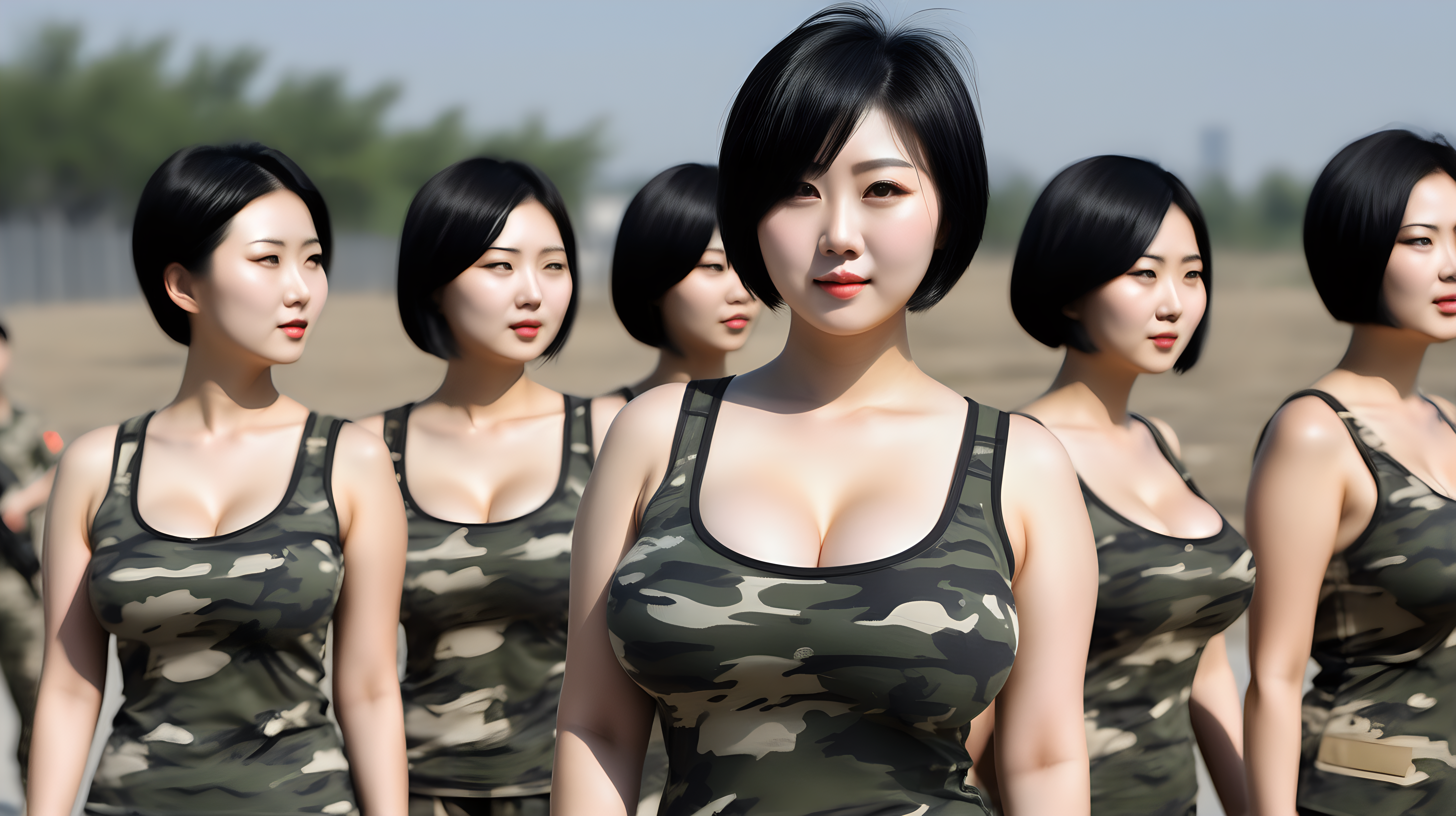 chinese female soldiers
short black hair
camouflage undershirt
huge boobs
stand a line
in the sunshine