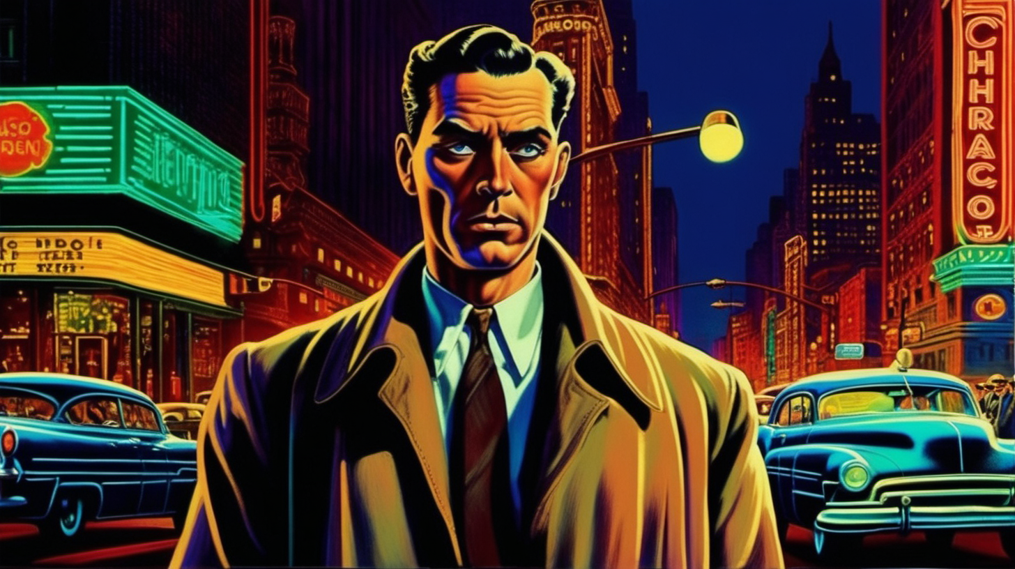 A detective staring at the camera in the foreground on a downtown neon Chicago street circa 1950. Colorful Modernism style.