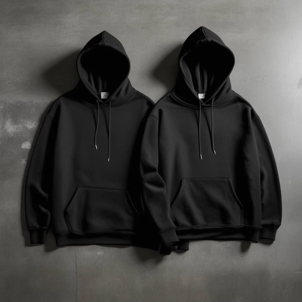 front side of 2 black hoodies on concrete floor
