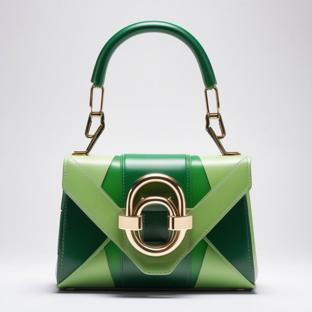 Optical illusione inspired luxury small leather bag - one handle - innovative shape - metal buckle - frontal view - green shades