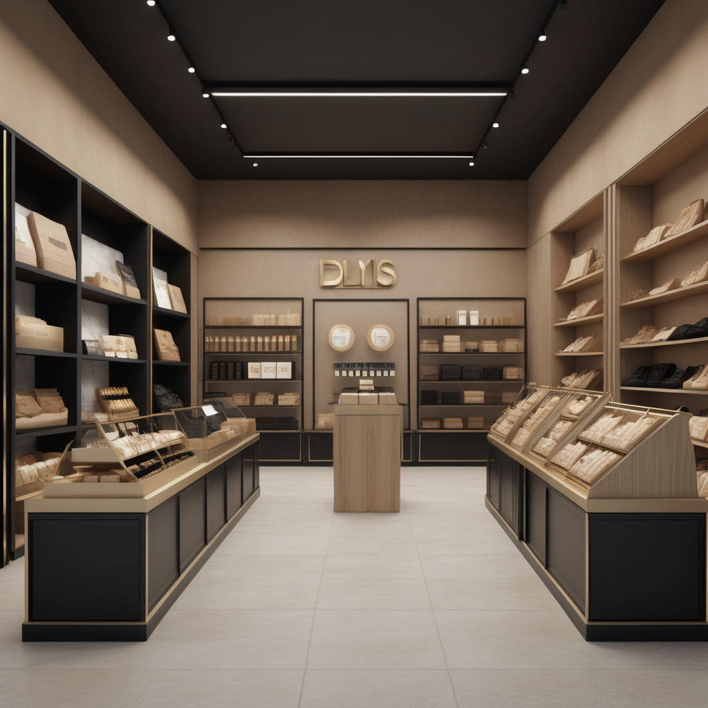 hyperrealistic image of a store interior in a beige, oak, brass and black colour palette