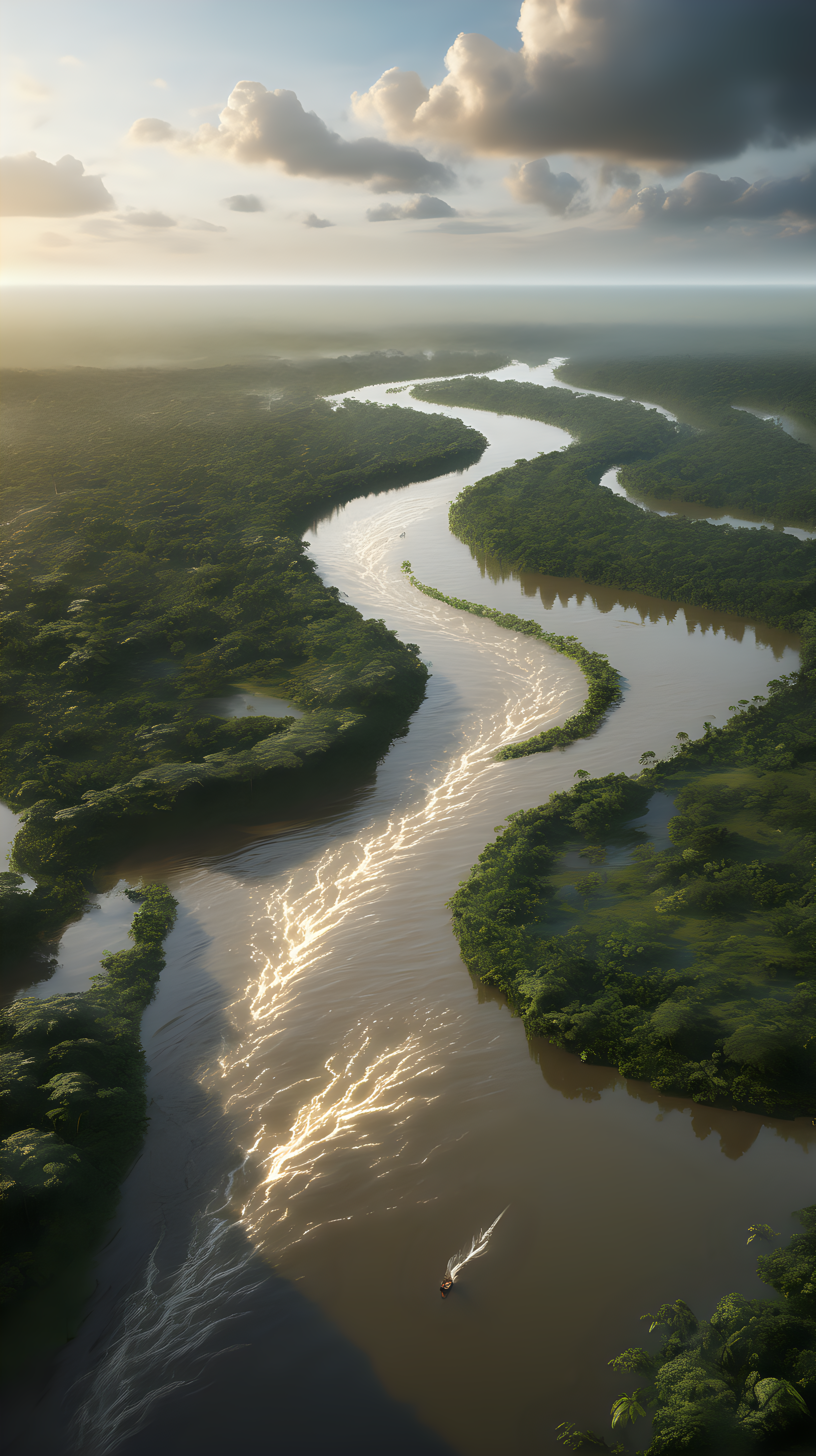 Imagine we're prompting, a breathtaking and realistic-inspired depiction of the Amazon River. Capture the grandeur of the river's flow, the lush surrounding rainforest, and the diverse wildlife. Utilize a high-quality camera model and lens to showcase intricate details. Illuminate the scene with natural, ambient lighting, creating a beautiful and immersive realistic-style representation of the majestic Amazon River.