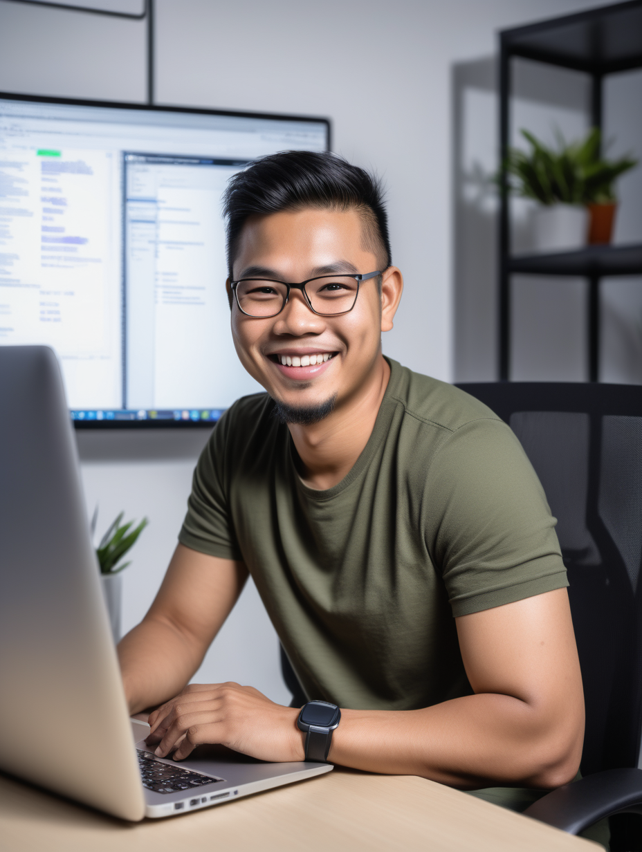 Good looking filipino Software developer sitting at his desk and smiling holding his laptop under the other arm, with software development desk scene in the background

