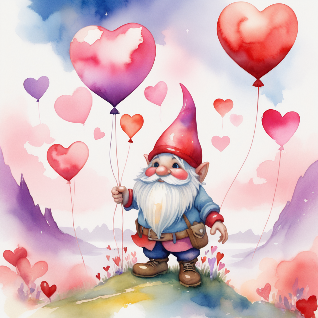 A watercolor rendering of a valentinethemed gnome akin