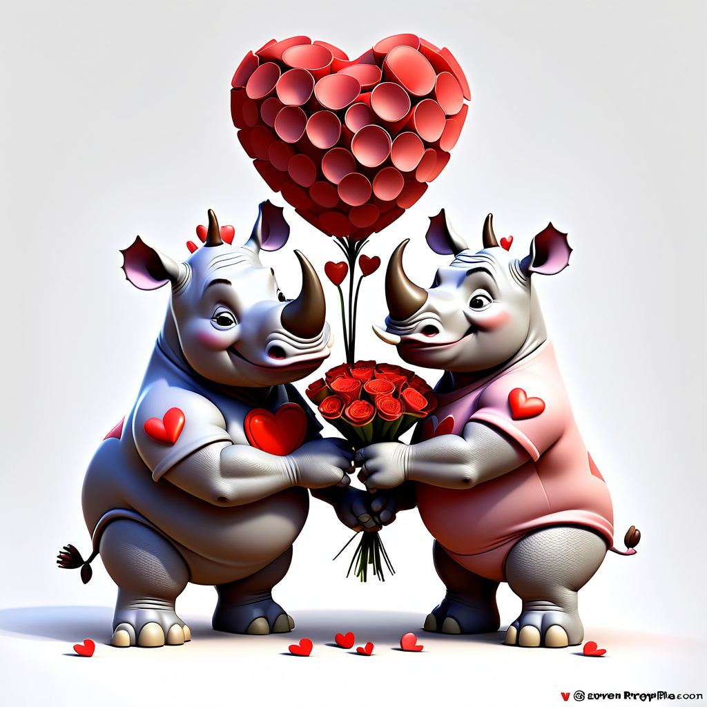 /envision prompt: "Adorable Pixar 3D Valentine's Rhino Couple" clipart featuring a loving rhino couple exchanging heart-shaped flowers against a clean white background. The Pixar 3D style enhances the sweetness of the Valentine's theme. --v 5 --stylize 1000