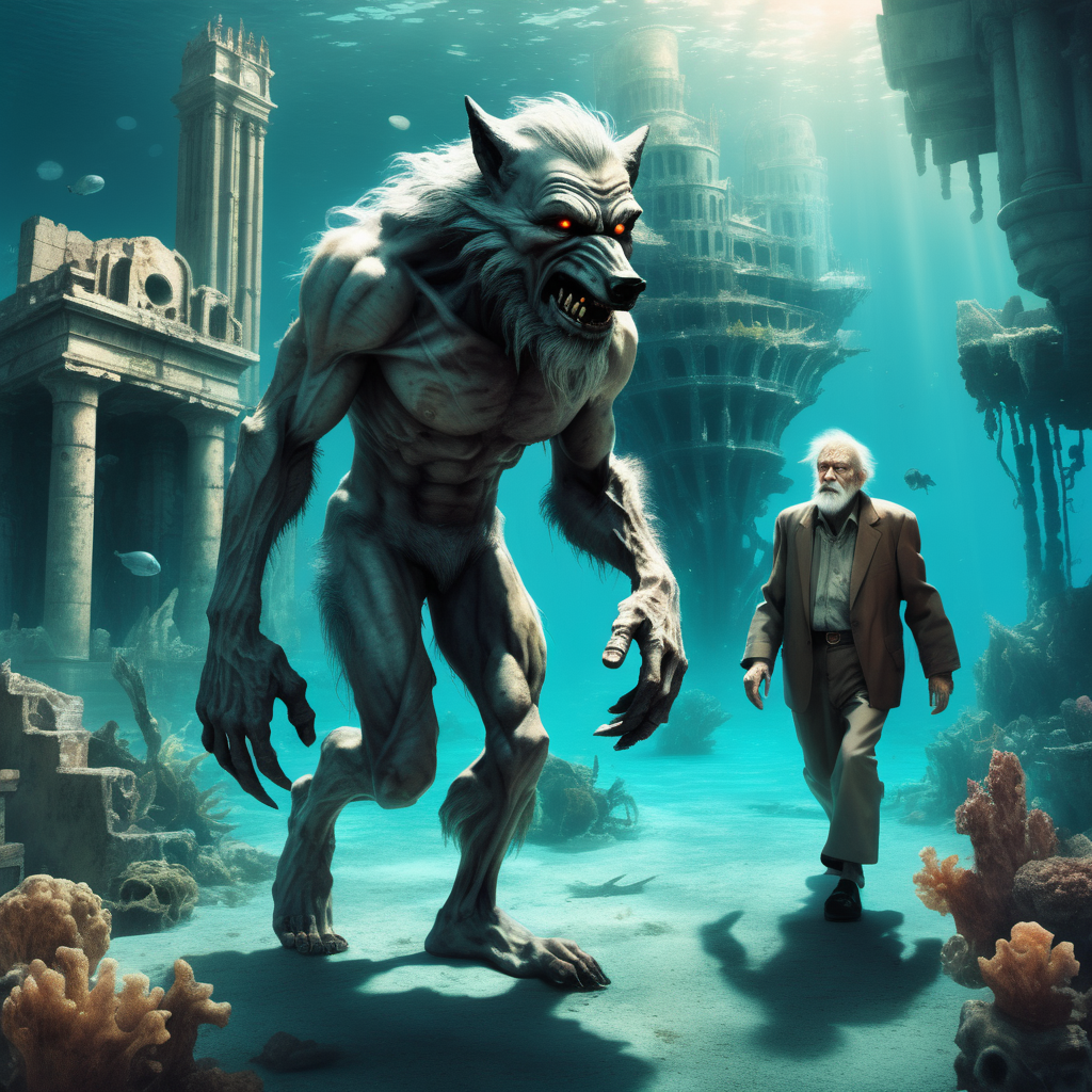  a kind Wolfman  walking side by with  a  frail crippled sick lost old man.  In background the deep underwater city's  ruins of Atlantis