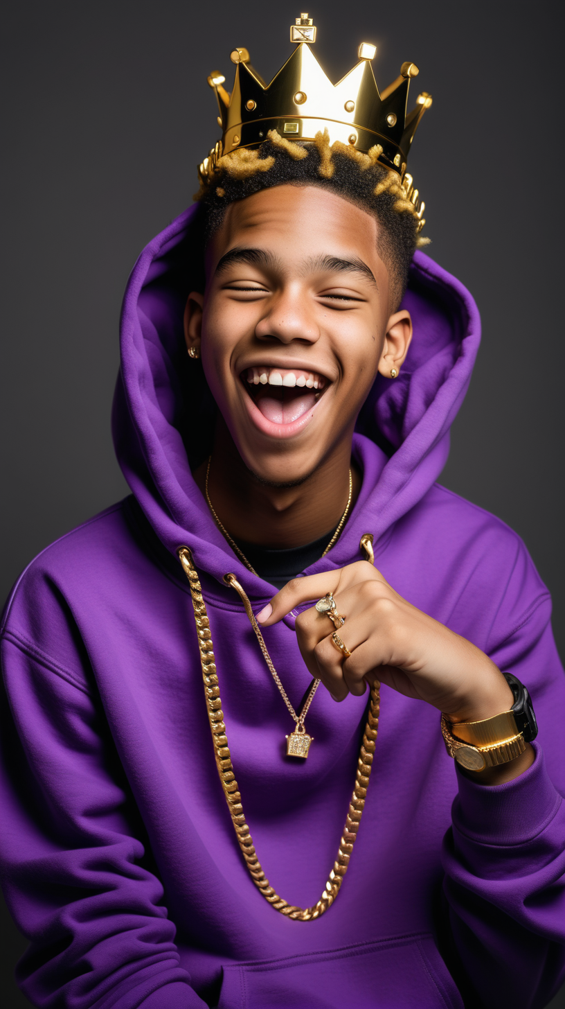 Black teen, wearing purple hoodie, holding a vape, laughing, wearing a gold watch, gold chains, and a crown
