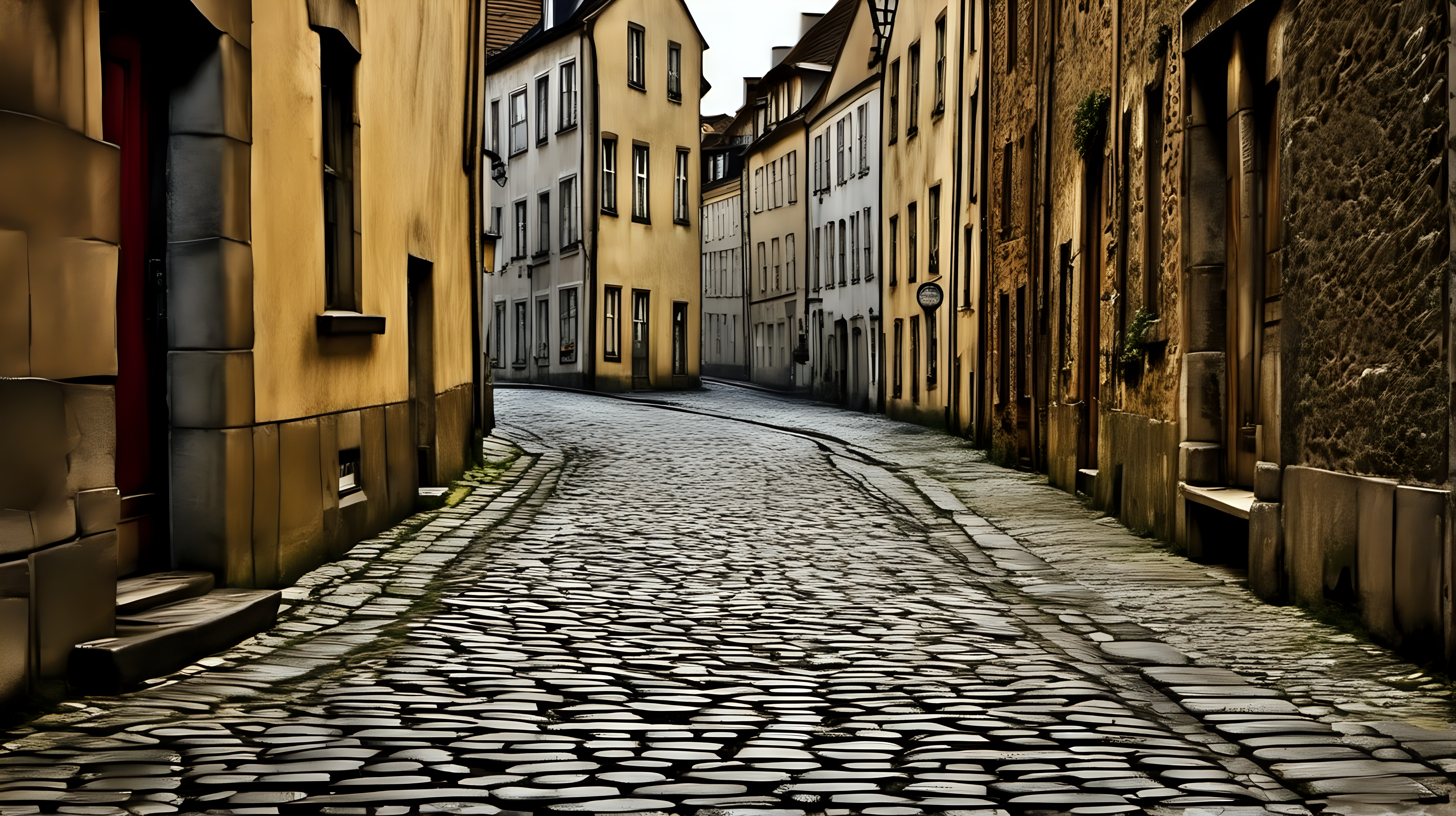 An aged cobblestone street in an old European town, worn by the passage of time and history. The stones, weathered and irregular, create a captivating and nostalgic scene. Weathered, Timeless, Historic, Textured, Evocative. DSLR camera. Prime lens for detailed shots. Late afternoon, when soft, warm sunlight casts elongated shadows and highlights the textures of the cobblestones. Focus on the unique textures, patterns, and irregularities of the cobblestones, capturing the timeless beauty and historical character. Experiment with angles and perspectives to showcase the weathered details and the interplay of light and shadow on the uneven surface. Aim for high-resolution digital images to capture the intricate details and textures of the cobblestones. Post-processing can emphasize the aged, textured feel of the stones while retaining the nostalgic allure of the scene.