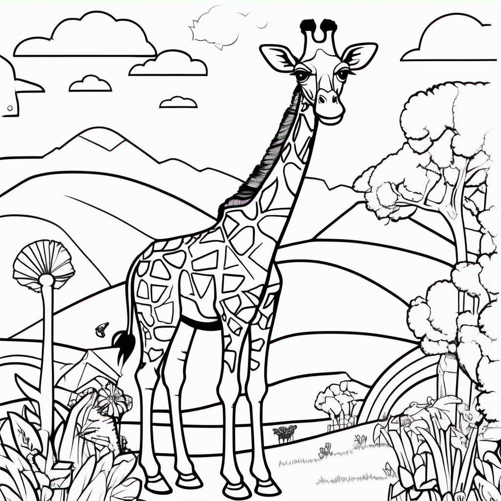 /imagine colouring page for kids, Giraffe Candyland Delight, thick lines, low details, no shading --ar 9:11