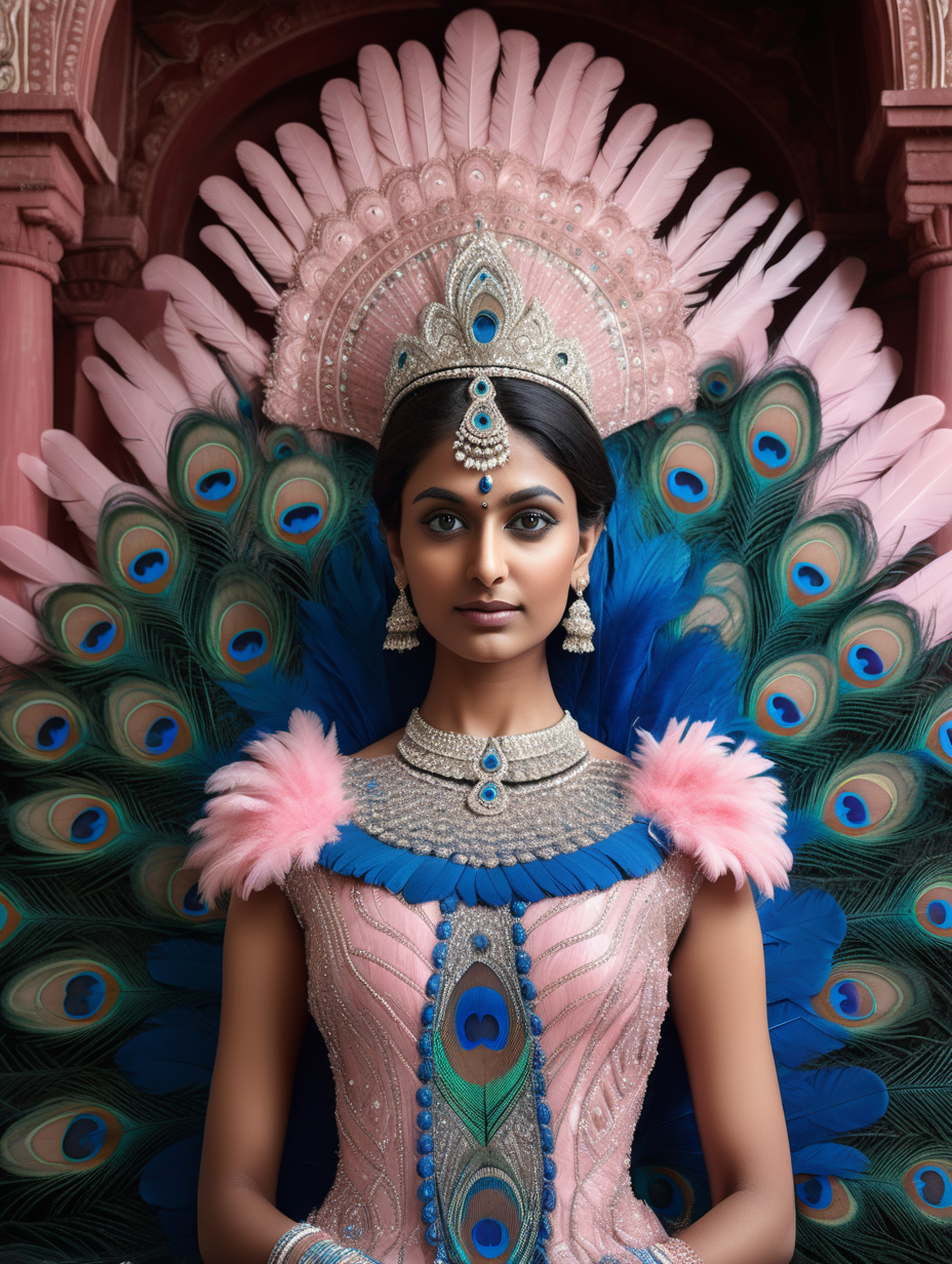 photo of an indian queen wearing a peacock feathery haute couture feather dress, soft pink and blue colors, dress made of feathers, symmetry, in a peacock temple, closeup portrait
