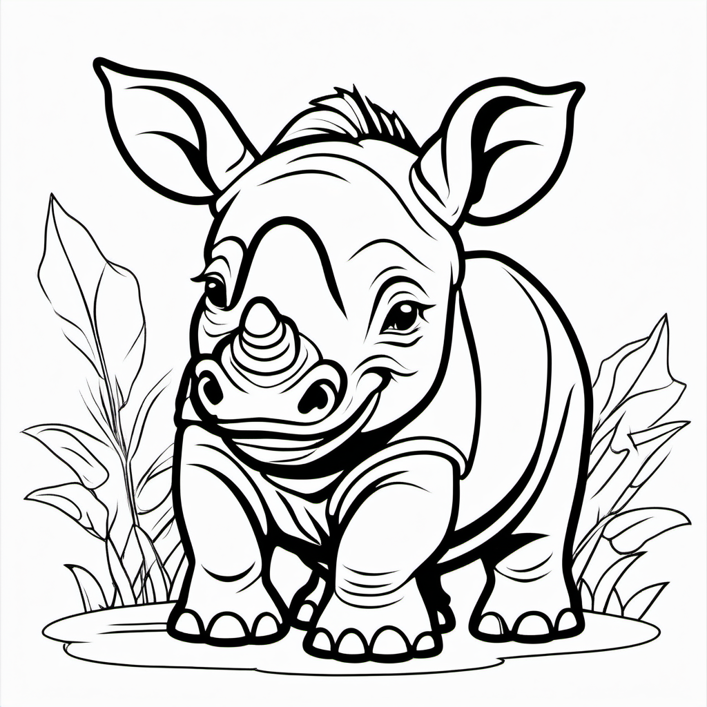 draw a cute baby rhino with only the outline in black for a coloring book for kids