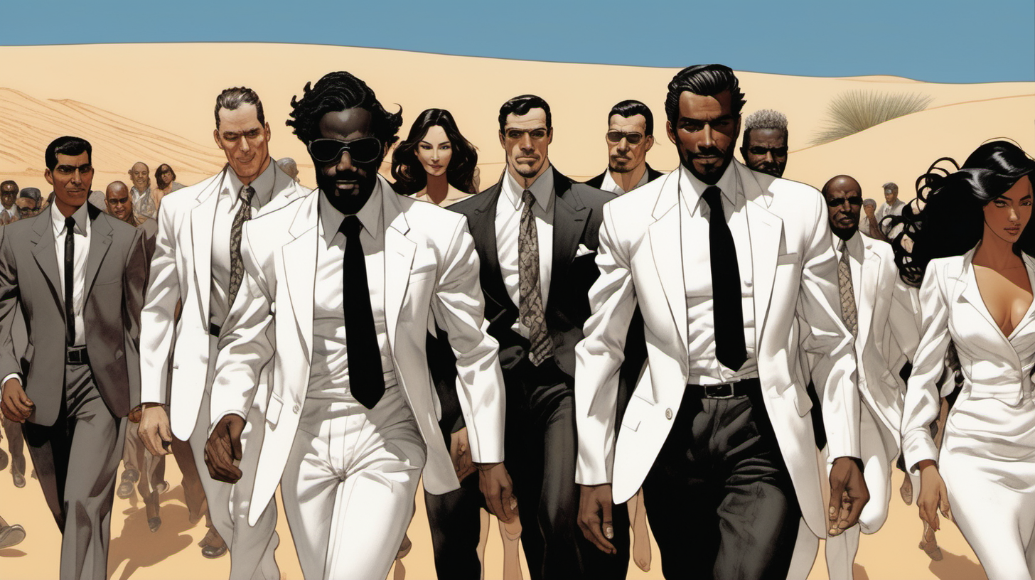 three black and spanish men with a smile leading a group of gorgeous and ethereal white,spanish, & black mixed men & women with earthy skin, walking in a desert with his colleagues, in full American suit, followed by a group of people in the art style of Hajime Sorayama comic book drawing, illustration, rule of thirds