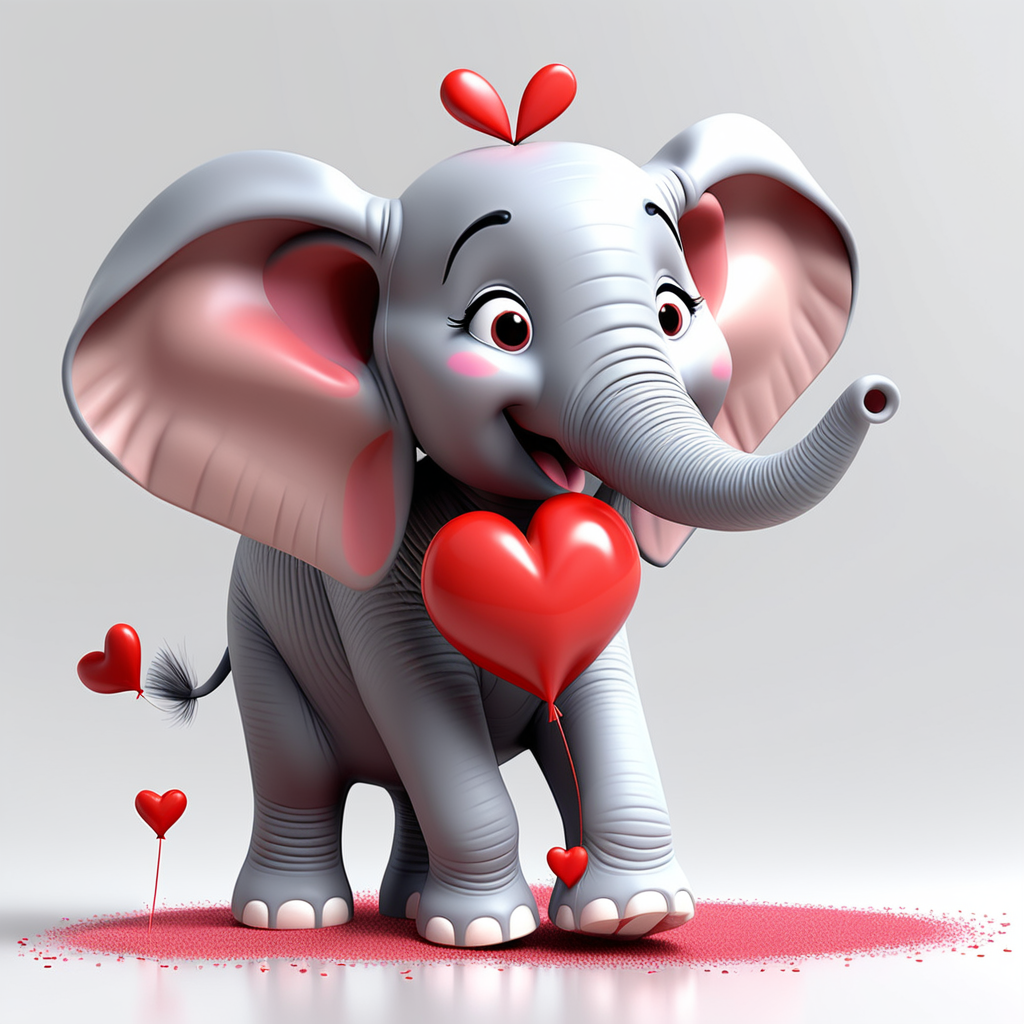 "Sweet Pixar 3D Valentine's Elephant" - Imagine an endearing Pixar 3D elephant with heart-shaped ears, playfully spraying love with a trunk, set against a clean white backdrop. Ideal for conveying affection. --v 5 --stylize 1000