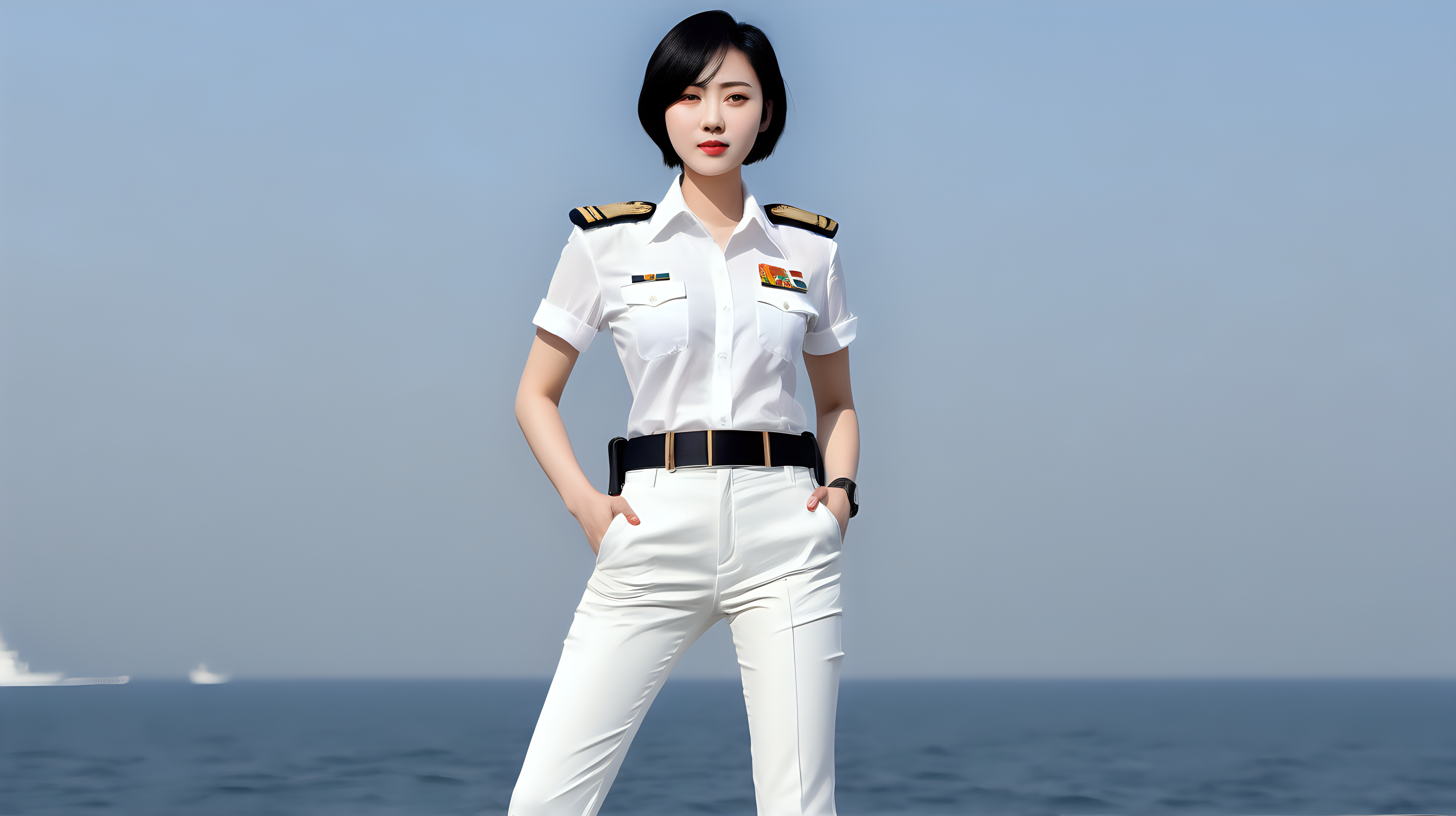 A Chinese navy female soldierYoung personShort hairBlack hairWhite