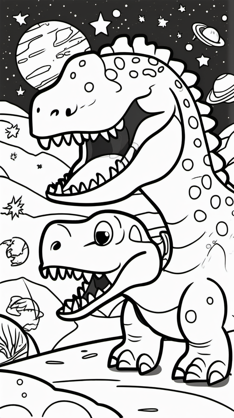 children's coloring book about a dinosaur in spacl with cut kid background white and cartoon style line draw black  no shadow 