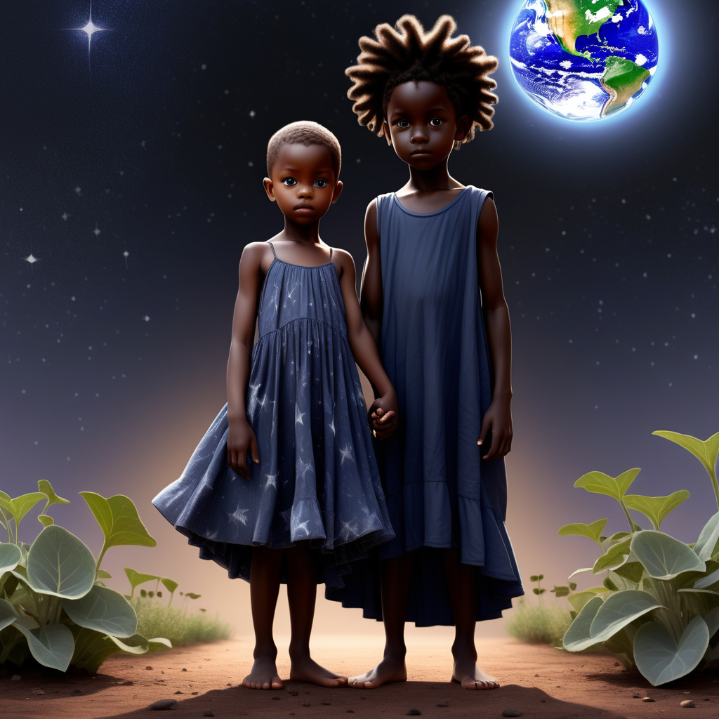 prompt: a black female indigo child with a dress on helping the world with a black boy
 star seed child standing by his side helping 