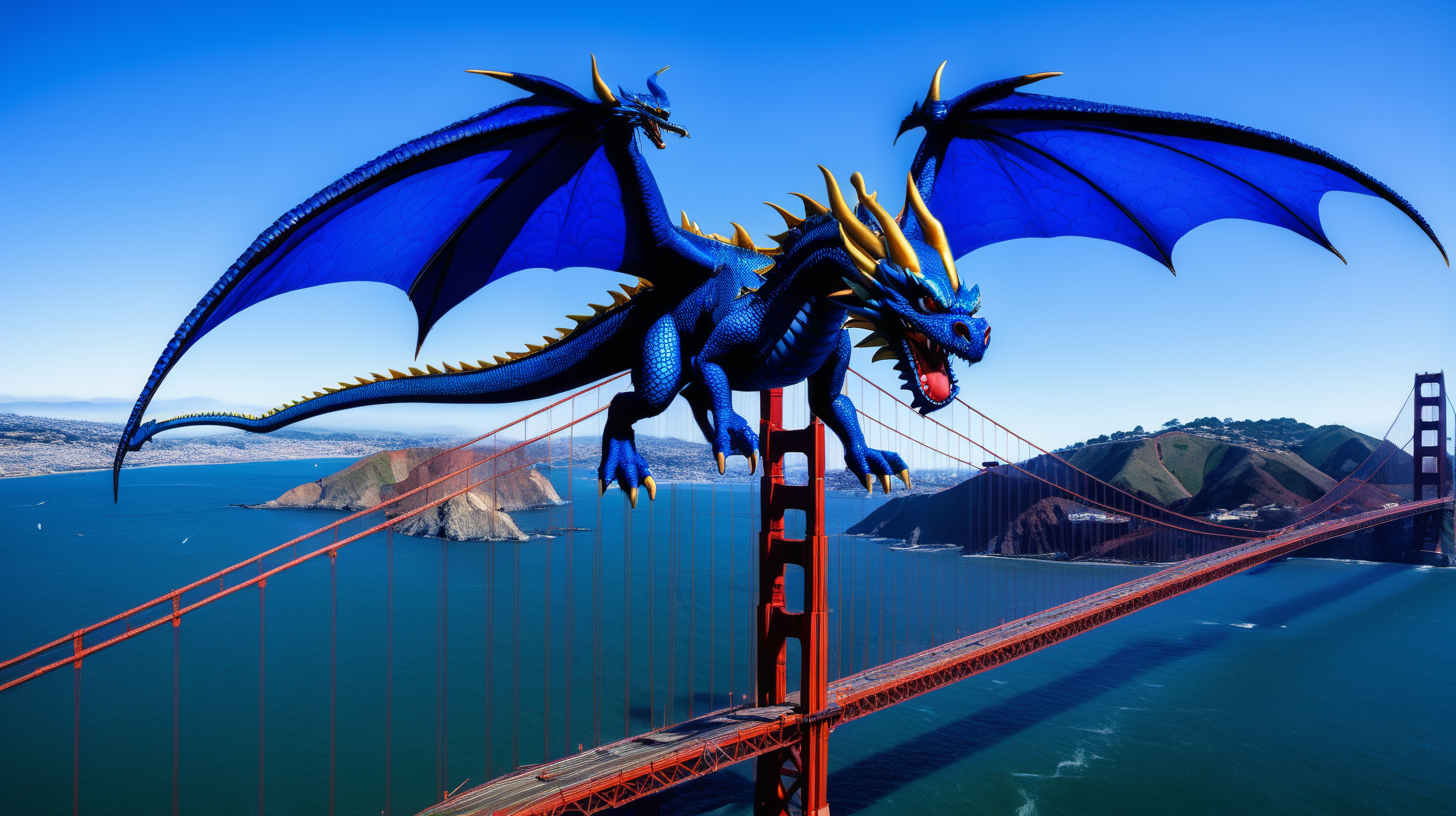 blue dragon flying over Golden Gate bridge