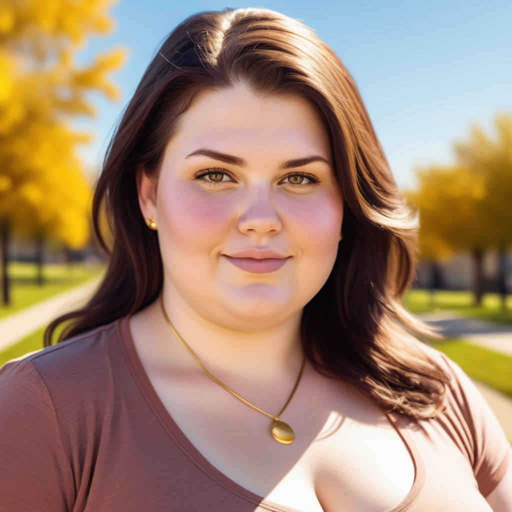 Create a chubby woman in Cinco Ranch, Texas on a sunny day. Make her less chubby, more less gold looking and a brunette. Show her slightly from the left side. Make the background more prominent. No smile.