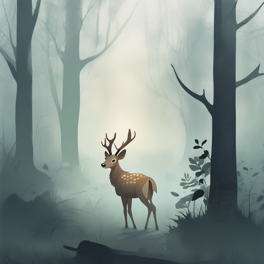 Bild für ein Kinderbuch Ein Reh im Wald  im Nebel 