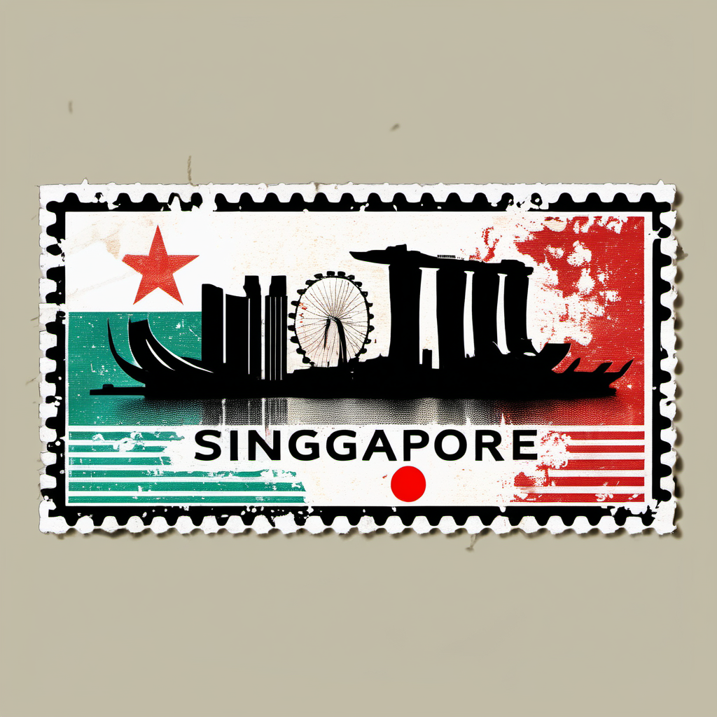 stamp with singapore skyline,singaporean flag colours, abstract, colourful, disstressed edges
