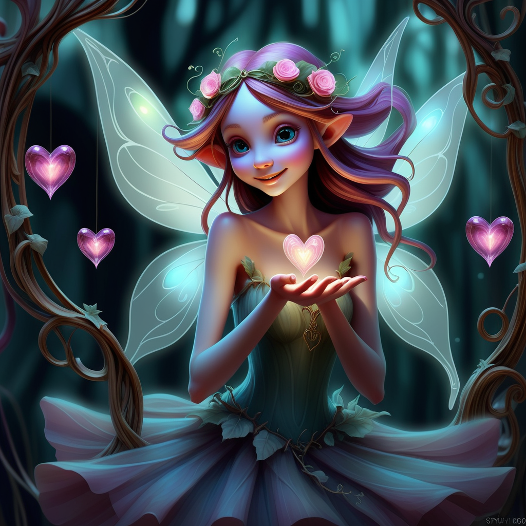 /envision prompt: "Whimsical fairy valentines" reinterpreted in a digital illustration with a contemporary flair, inspired by the intricate and fantastical style of Brian Froud. The fairies, with otherworldly features, dance amidst swirling vines and glowing heart-shaped orbs. The color palette is a mix of jewel tones and iridescence, creating a visually captivating scene. Facial expressions vary from mysterious smiles to enchanting gazes, conveying a sense of magical allure. The lighting is ethereal, casting a soft glow on the fairies and the enchanted surroundings. The overall atmosphere exudes a modern yet timeless enchantment.--v 5 --stylize 1000