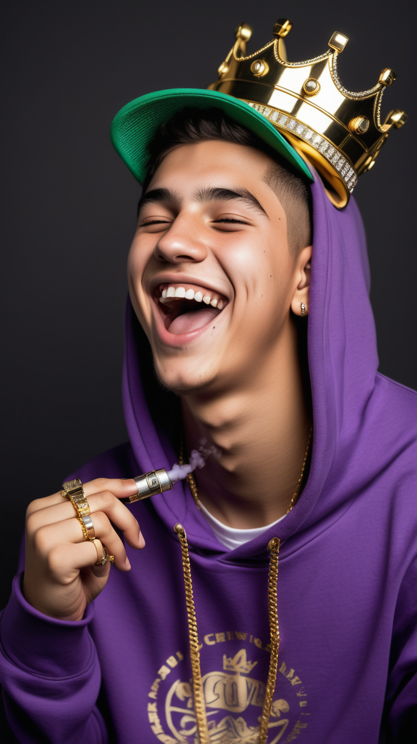 Mexican teen wearing purple hoodie holding a vape
